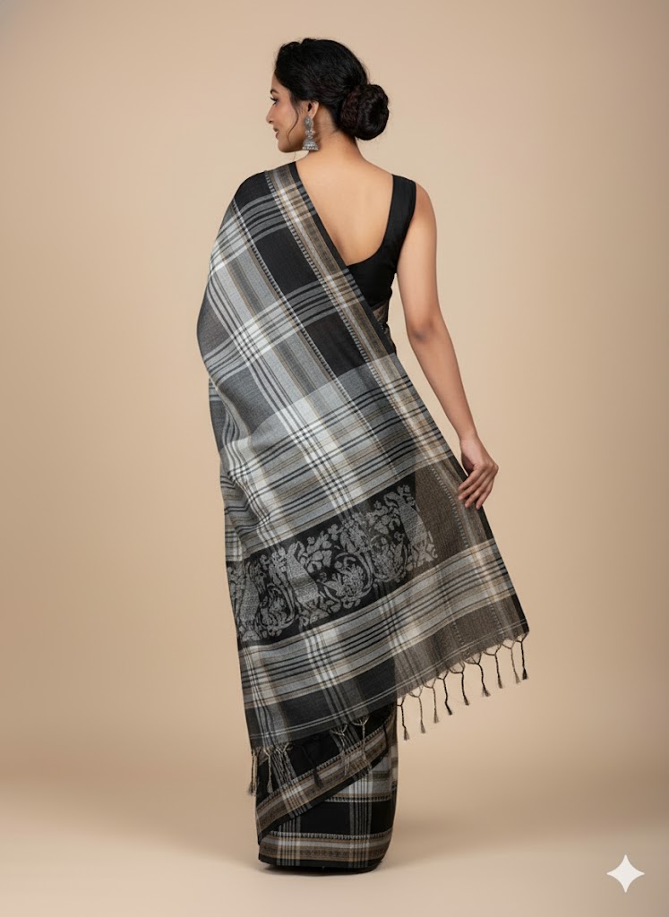Women’s Dhaniakhali Khadi Pure Cotton Tant Saree Allover Work (Black)