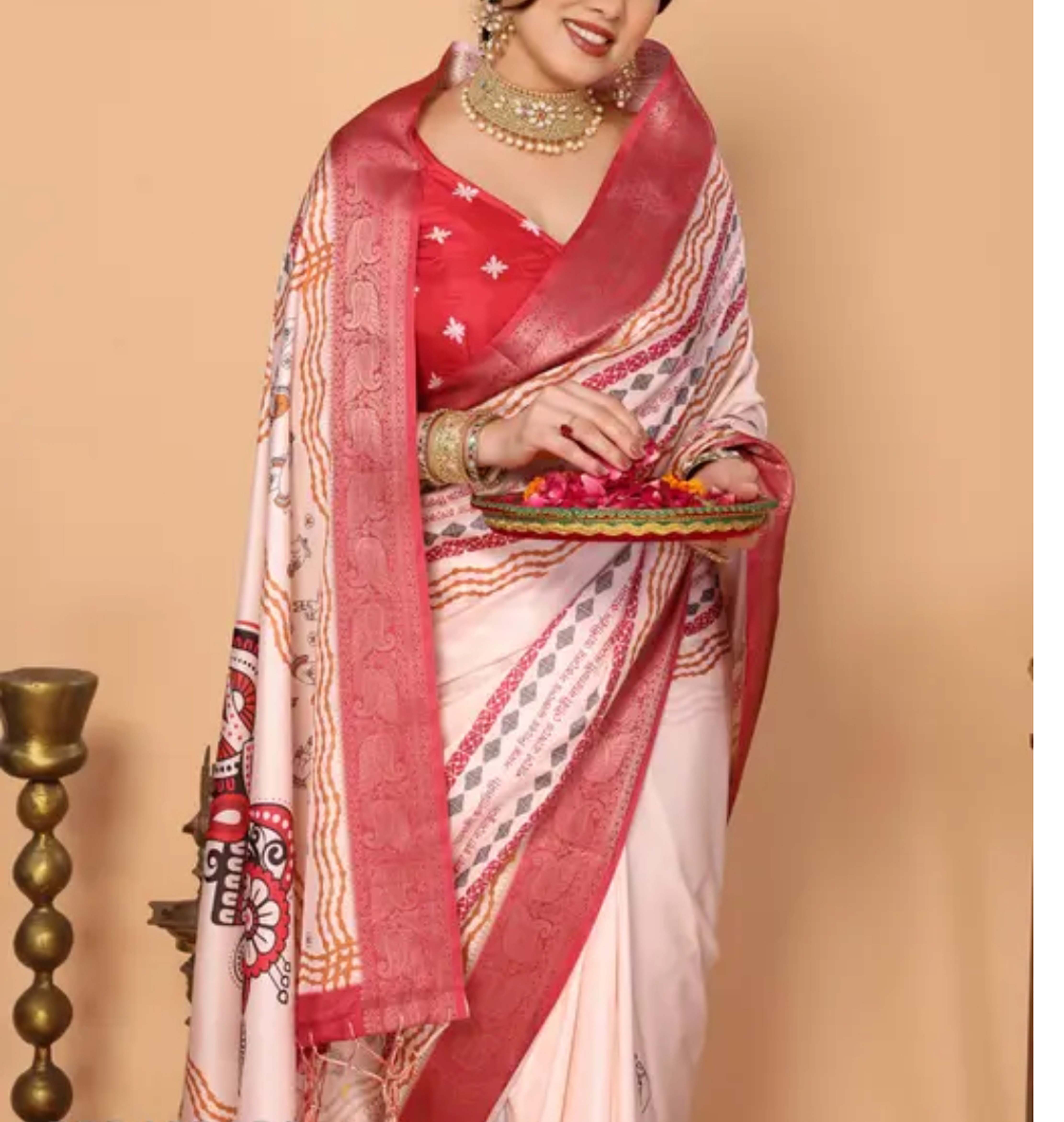 Jolly Durga Puja Saree - White Red