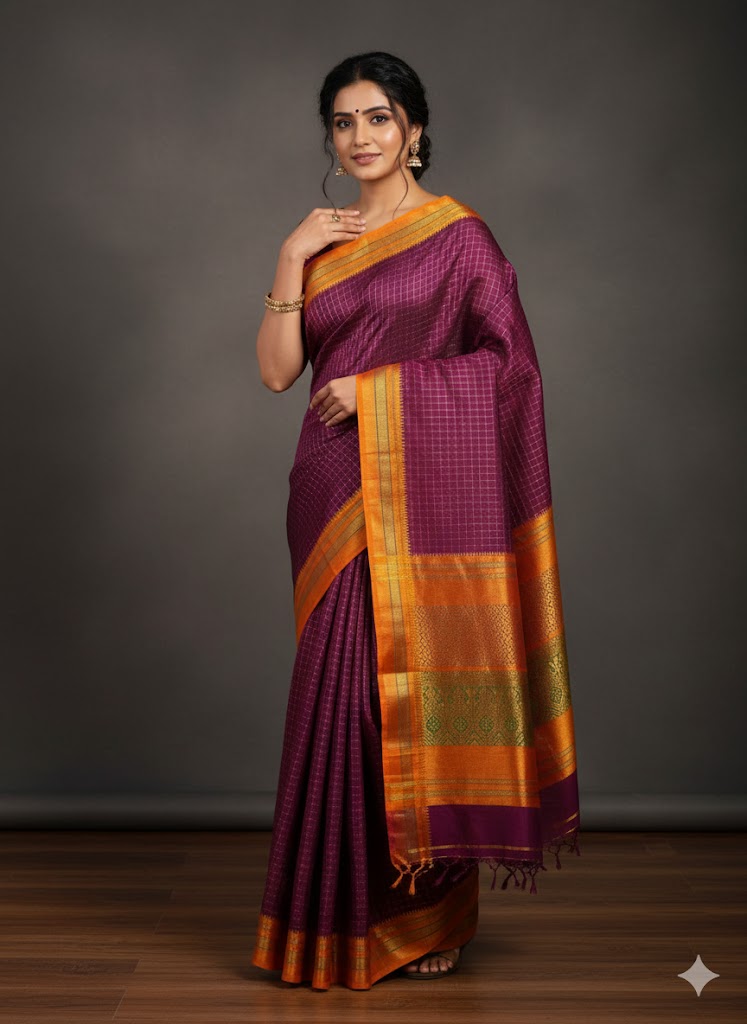 Pure Kunbi Goa Saree Purple Yellow Handwoven Traditional Design With BP