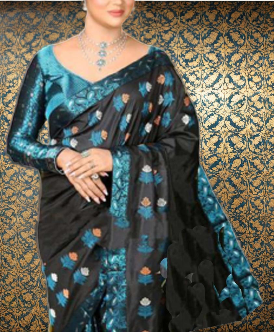 Women`s Bridal Assamese Mekhela Sador Jura Santal Panchi Lungi Parhar Pure Fabric Soft Silk Traditional Design-Black Blue