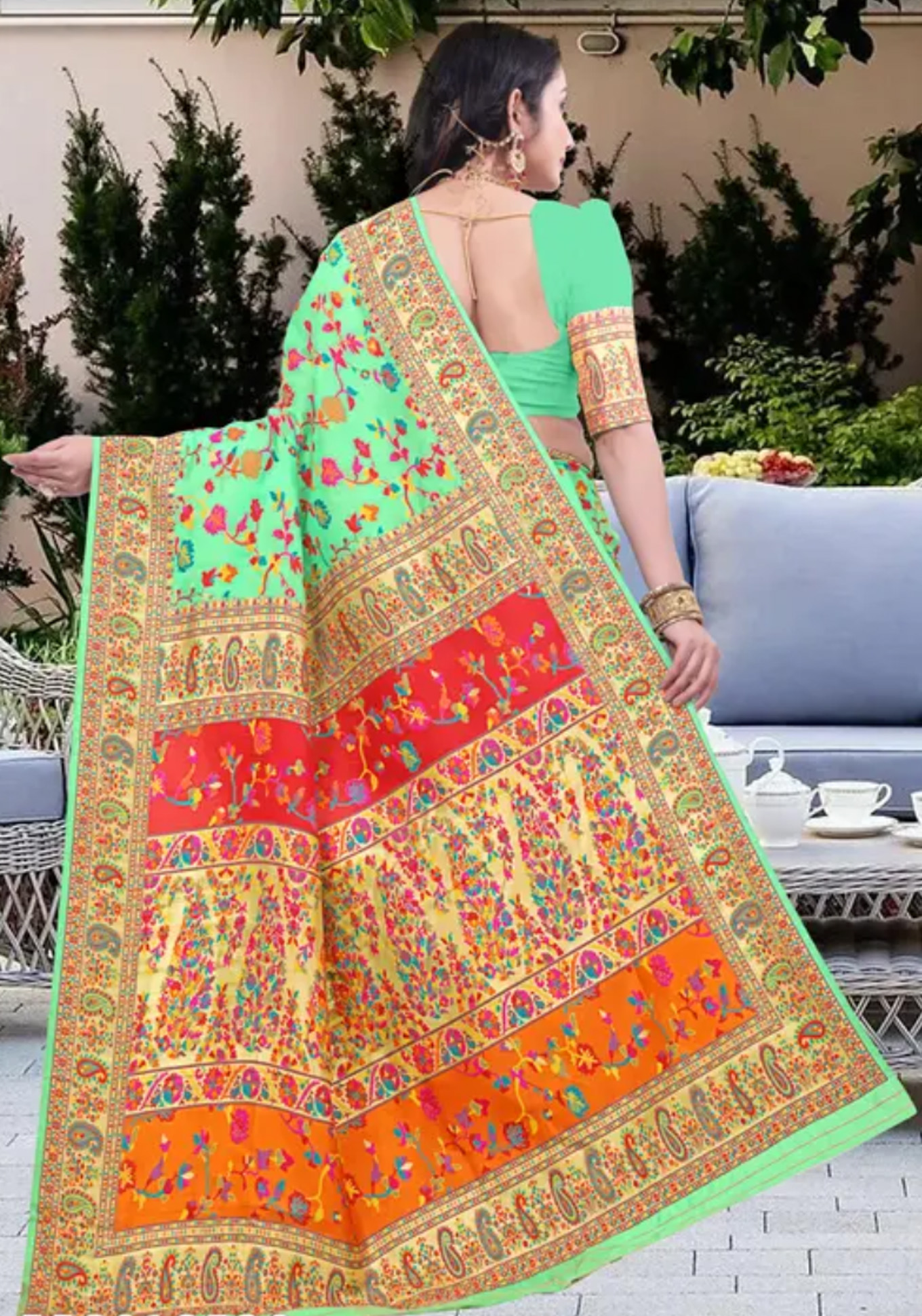 Kashmiri Pashmina Silk Green Saree with Traditional Meenakari Work