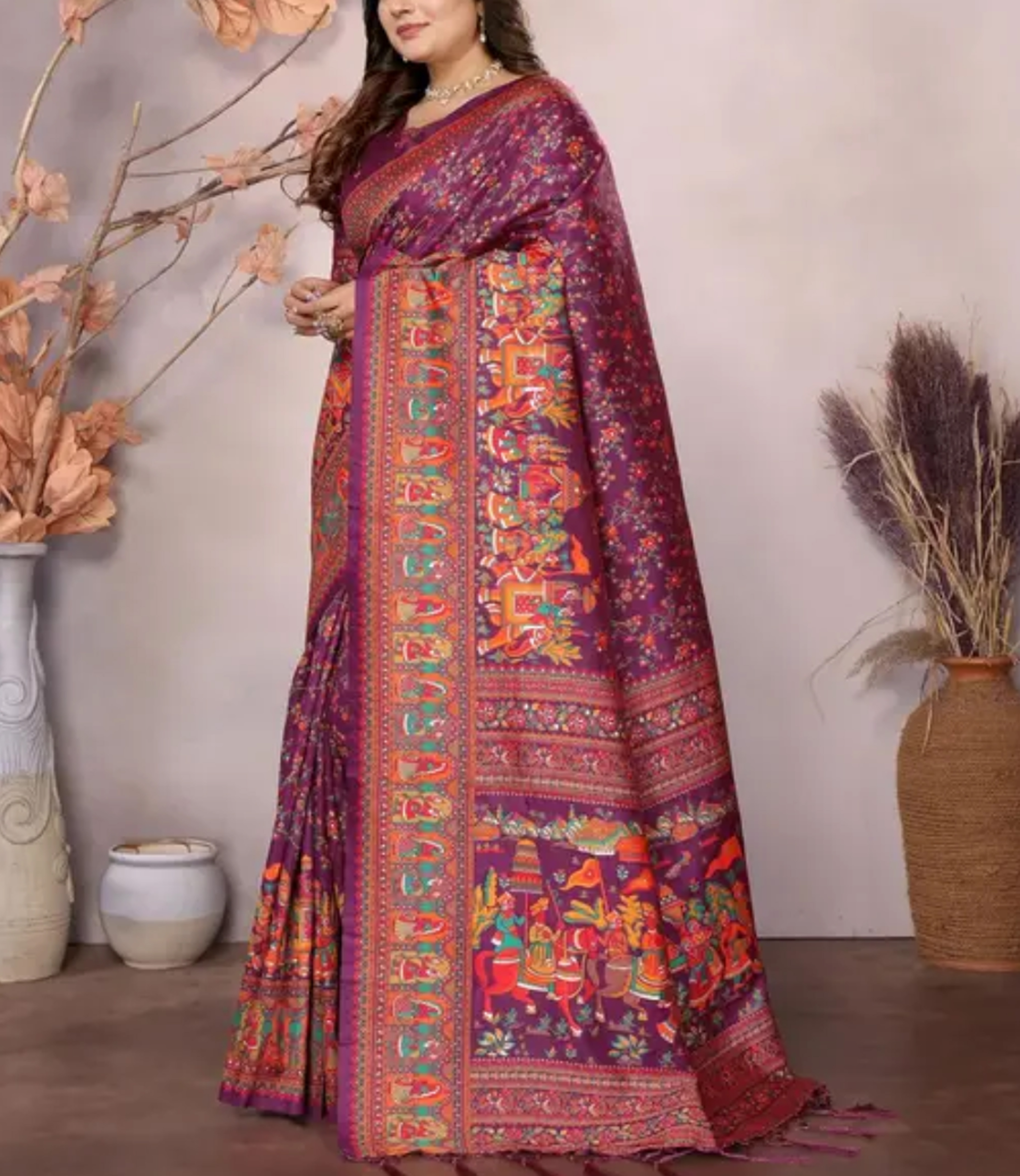  Kashmiri Pashmina Jamawar Silk Purple Saree with Traditional Meenakari Work  