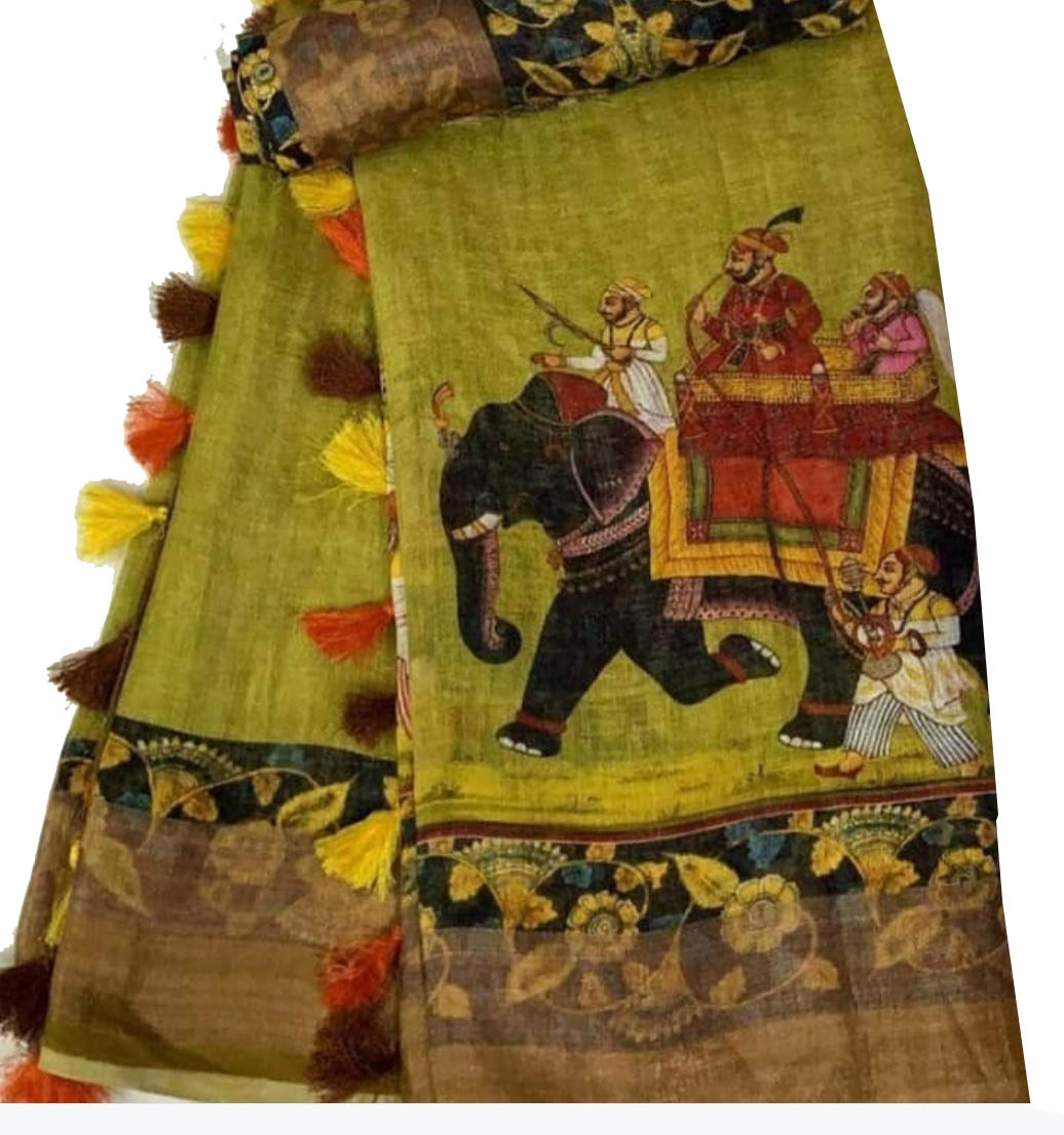  linen Saree Mughal Elephant Emperor Silk With Blouse Piece 