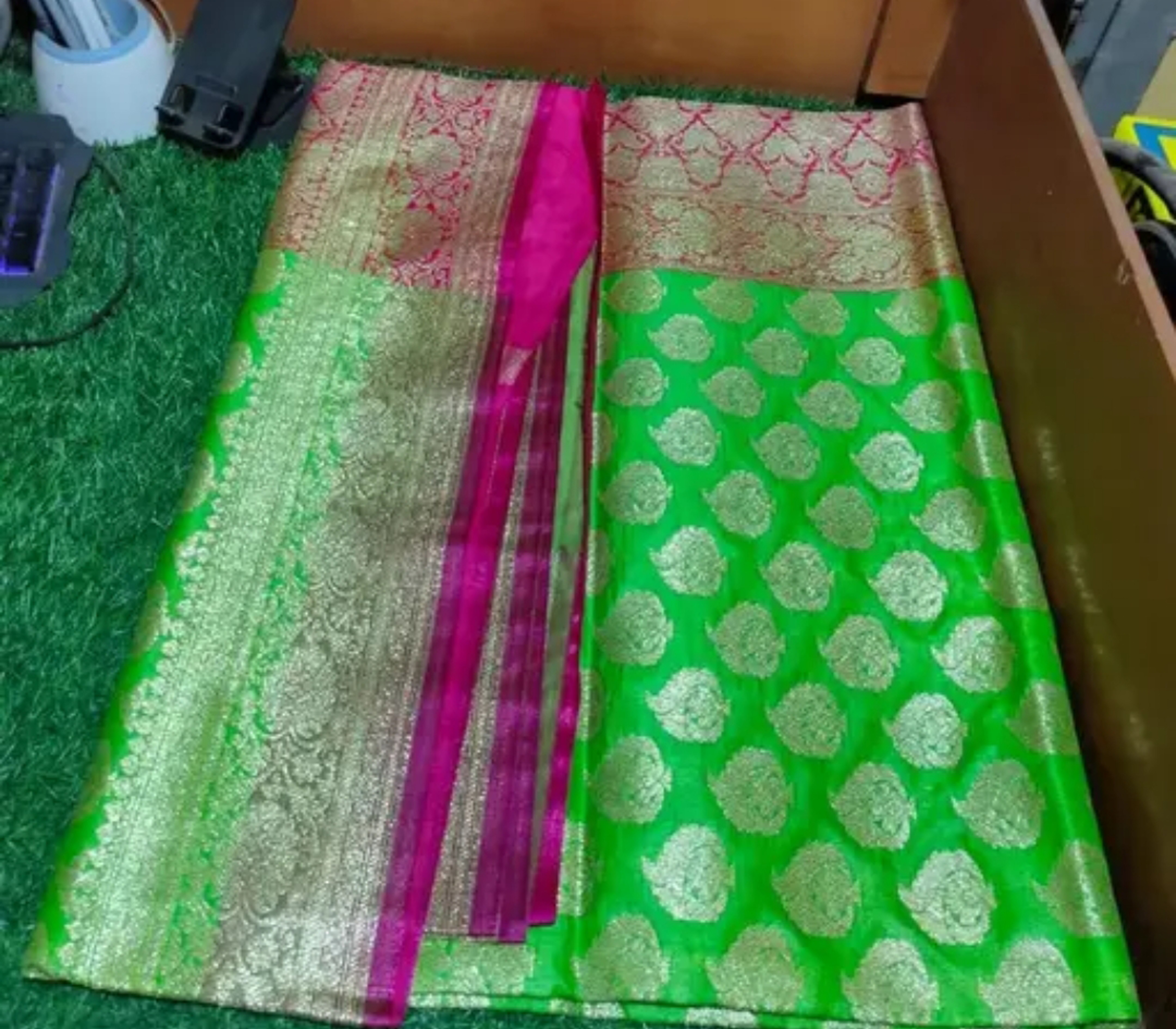 Bridal Banarasi Katan Silk Saree Contrast Design Dual Tone with All over Golden Zari Border