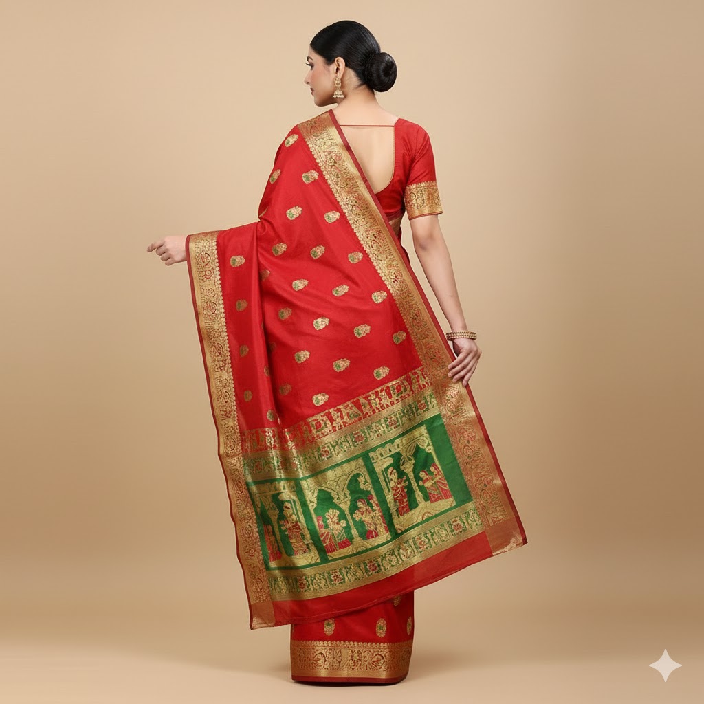 Women`s Pure Baluchari Saree Handwoven With Minakari Work Traditional Design - Red Green