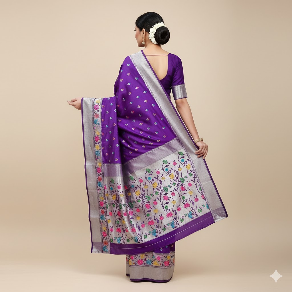 Jolly Women`s Paithani Silk Saree Hand Loom Beautiful Motifs and Peacock Border with Blouse - Purple Blue