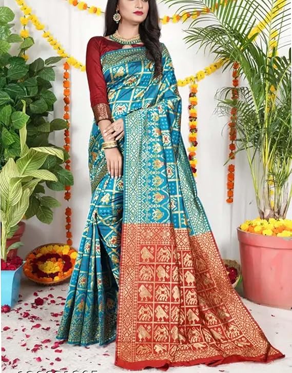 Women`s Patola Bandhani Silk Sarees Traditional Jacquard Design with Contrast Blouse Piece - Sky Blue Red