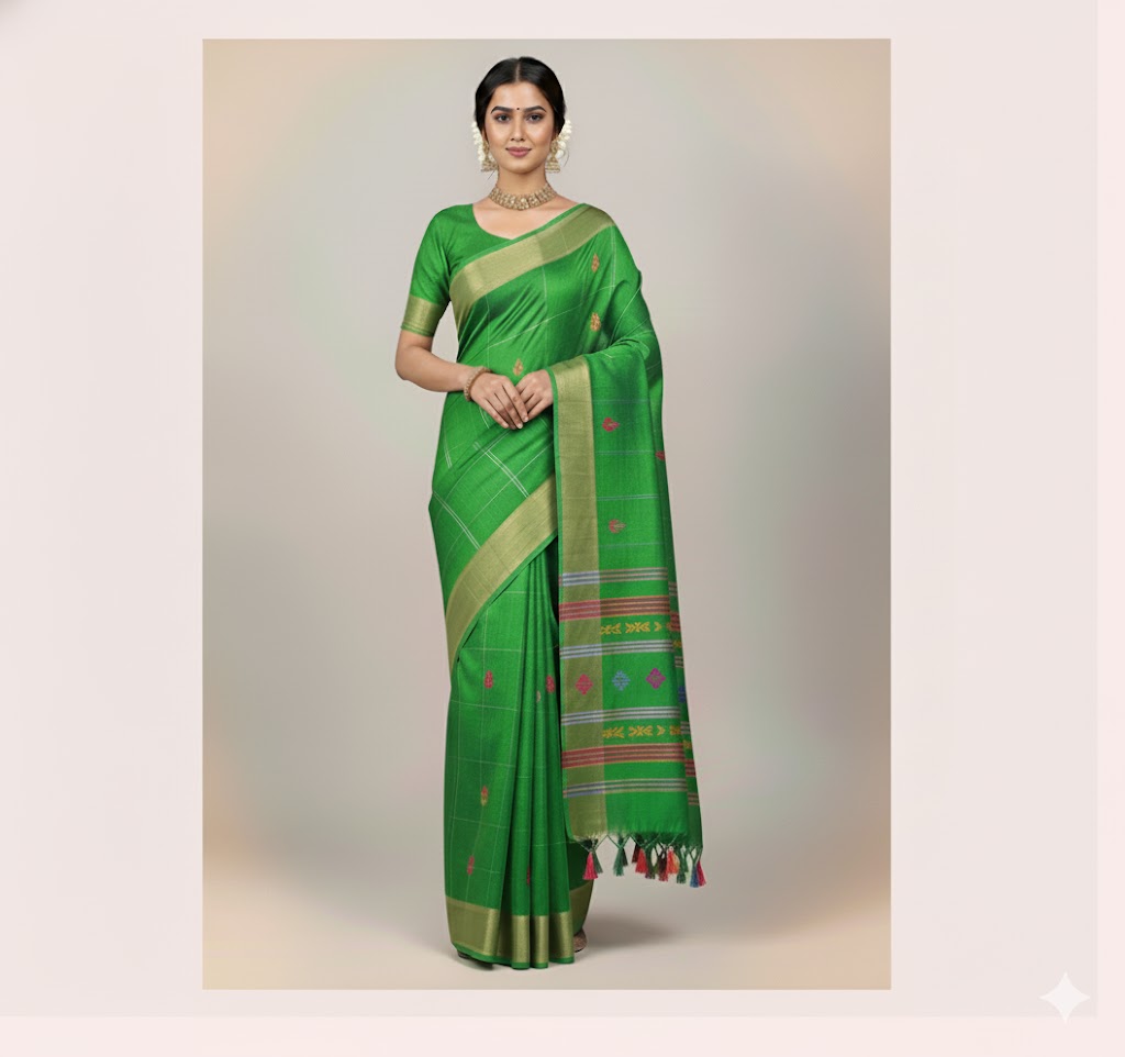 Adibasi Tribal Santali Cotton Saree Panchi Lumang Embroidered Green
