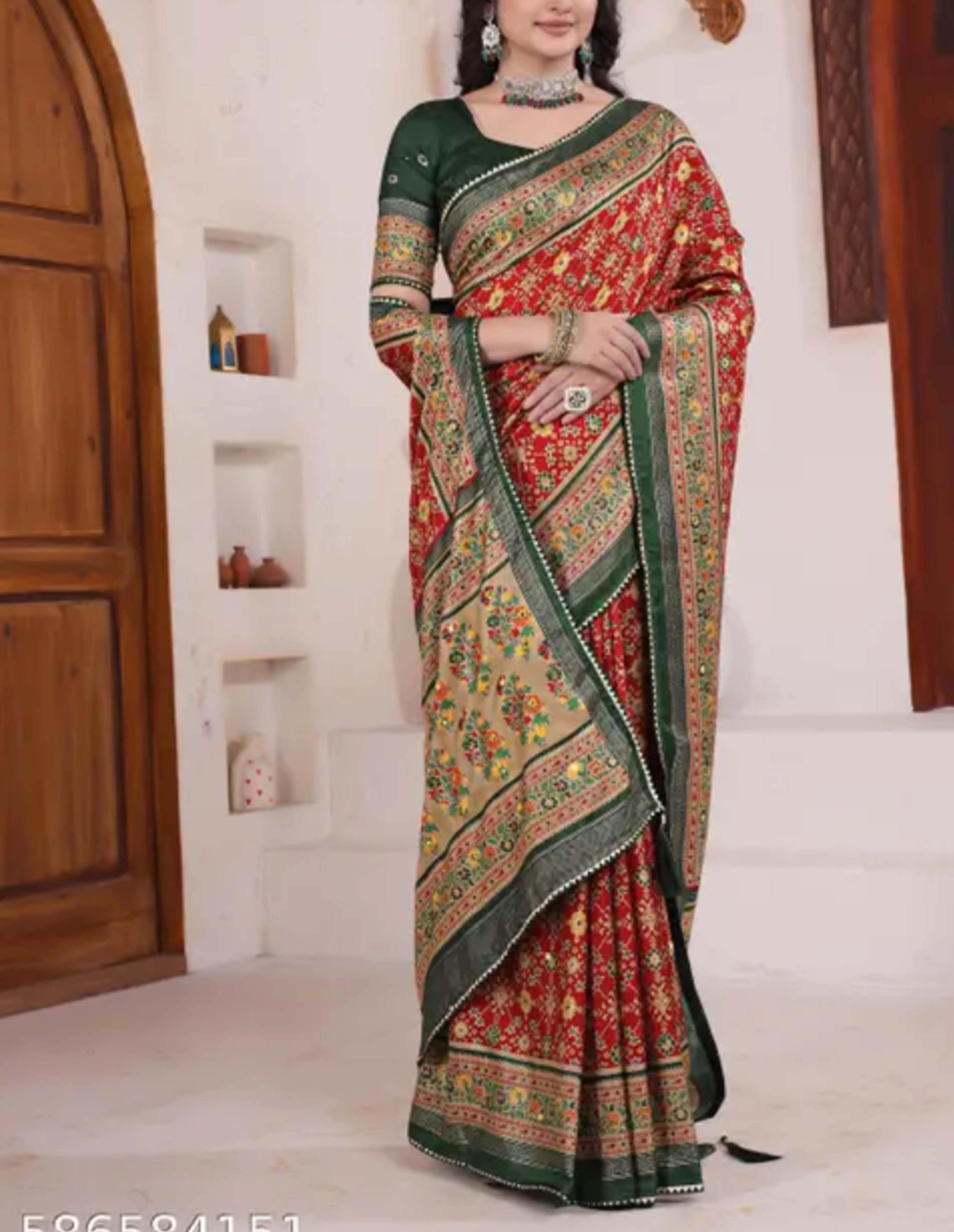  Kashmiri Pashmina Digital Saree Red with Traditional Meenakari Work  