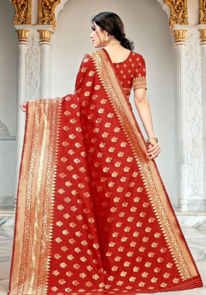 Banarasi Silk Trendy All over Golden Zari Border - (Red)