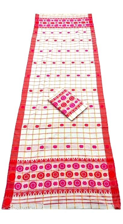 Women`s Assamese Mekhela Cotton Sador Jura Santal Panchi Parhar Pure Fabric Soft Traditional Design- Pink Red