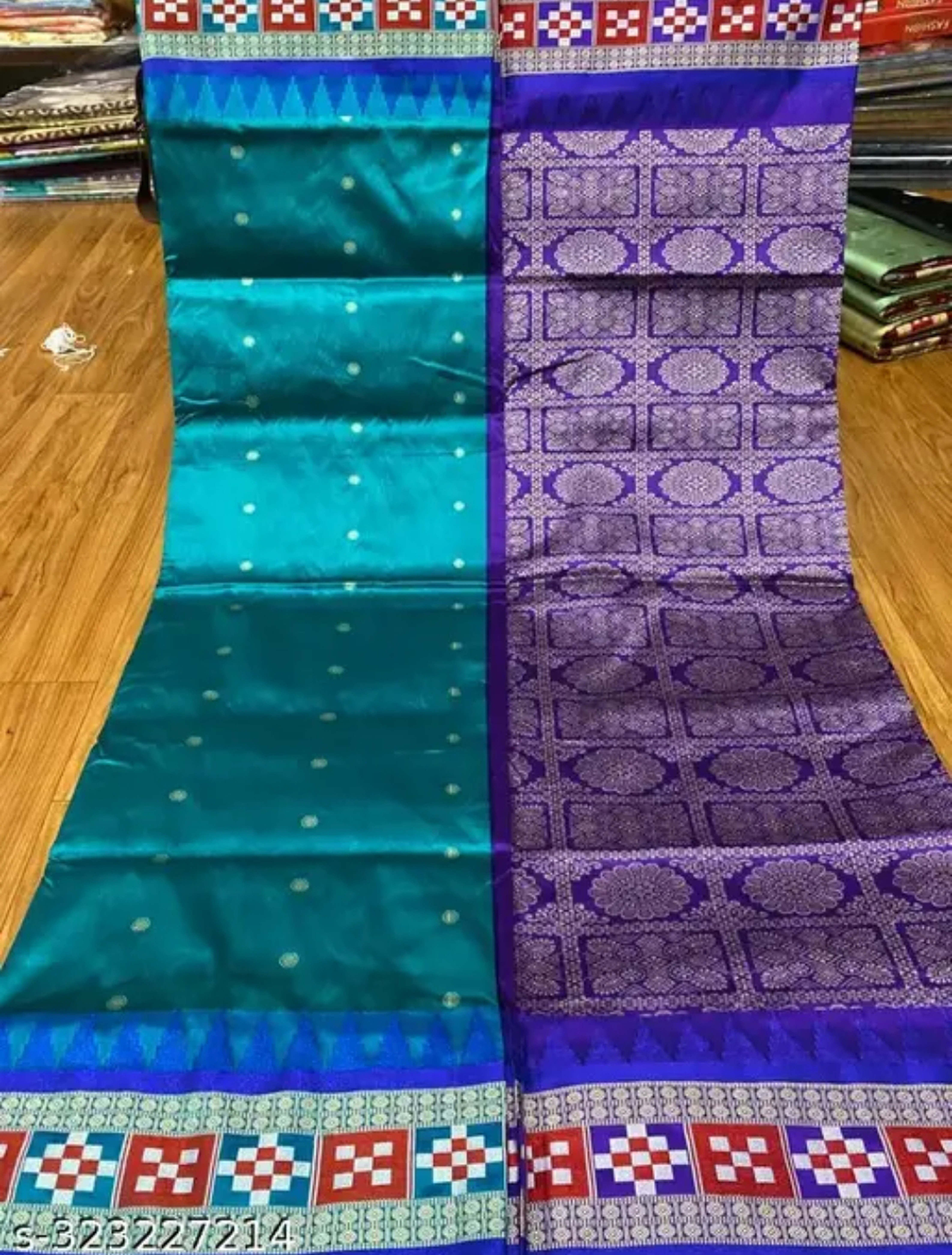 Bomkai Sambalpuri Peacock Blue mbroidery Silk Saree Traditional Design With Blouse Piece 