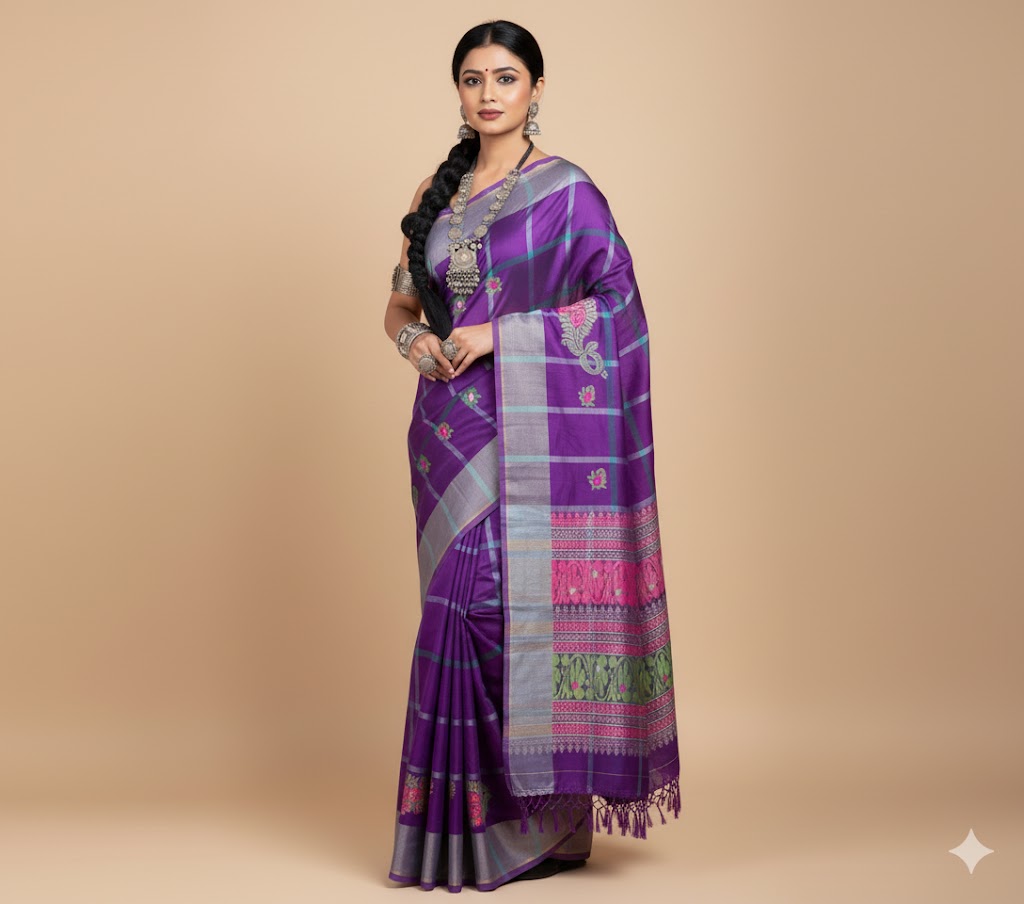 Adibasi Tribal Santali Saree Panchi Lumang Embroidered Purple Silver