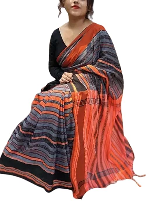 Women’s Dhaniakhali Khadi Pure Cotton Tant Saree Allover Work (Orange Black)