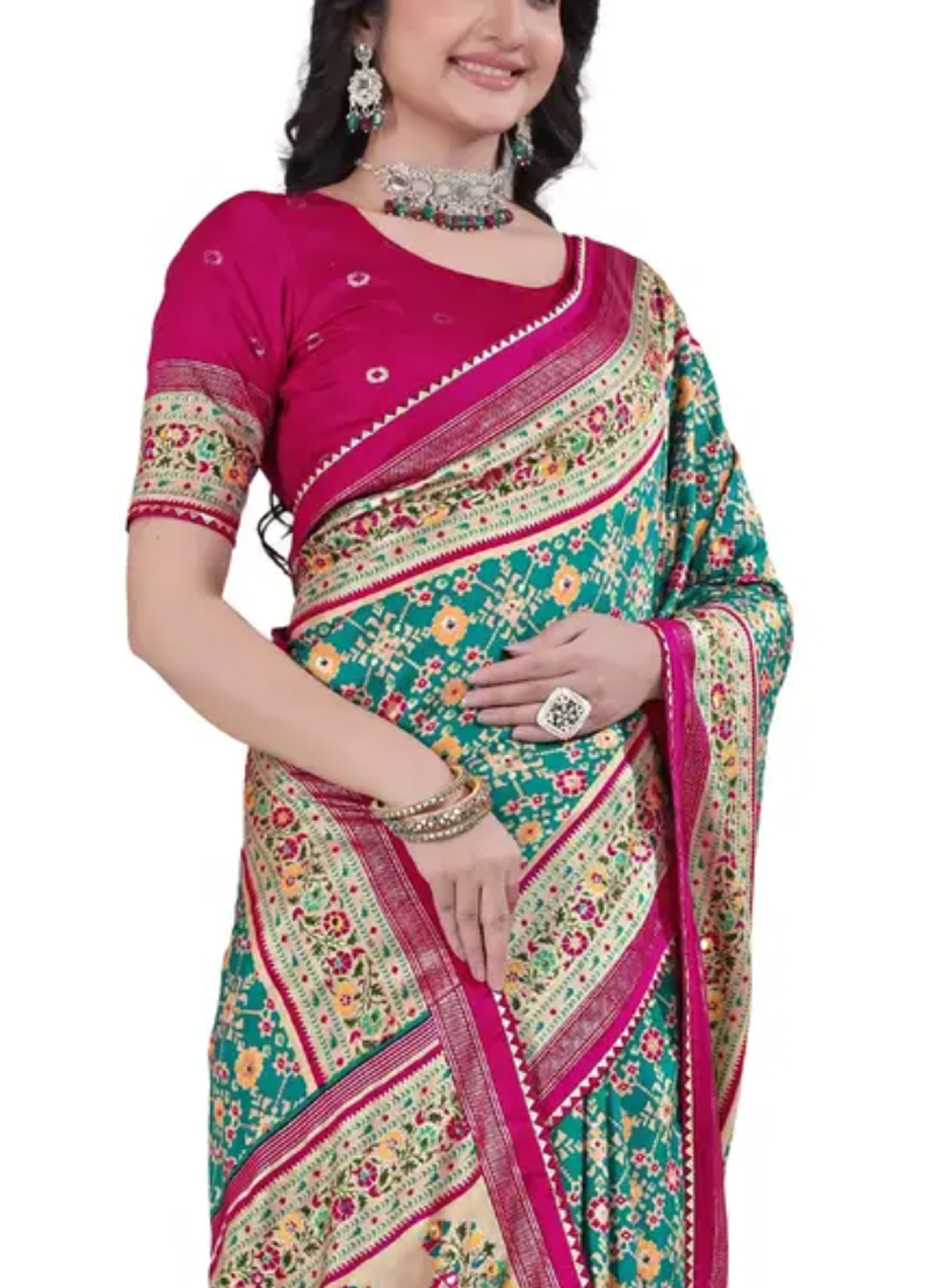  Kashmiri Pashmina Digital Saree Green Pink with Traditional Meenakari Work  