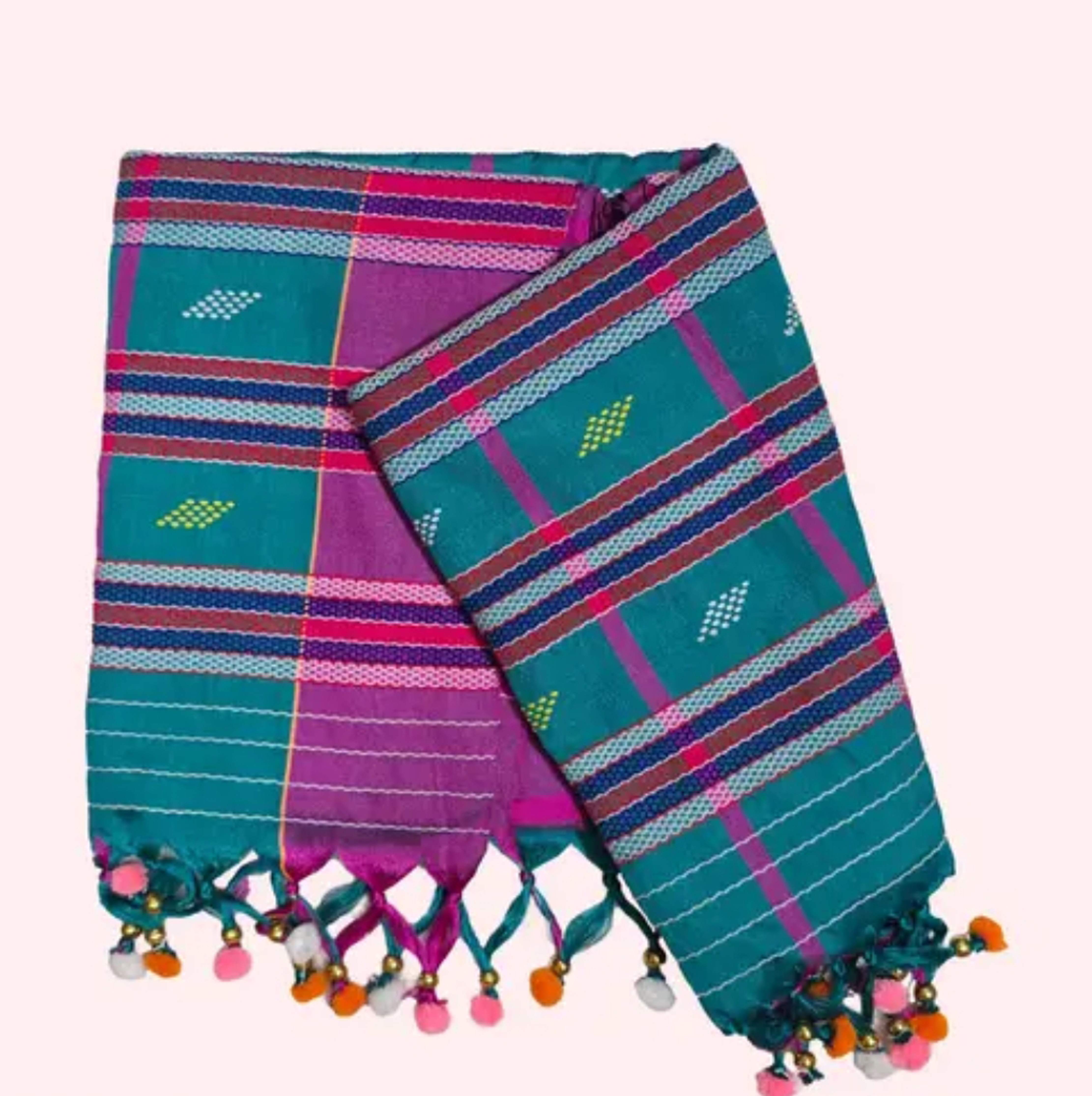 Adibasi Tribal Santali Cotton Saree Panchi Lumang Embroidered Green Pink