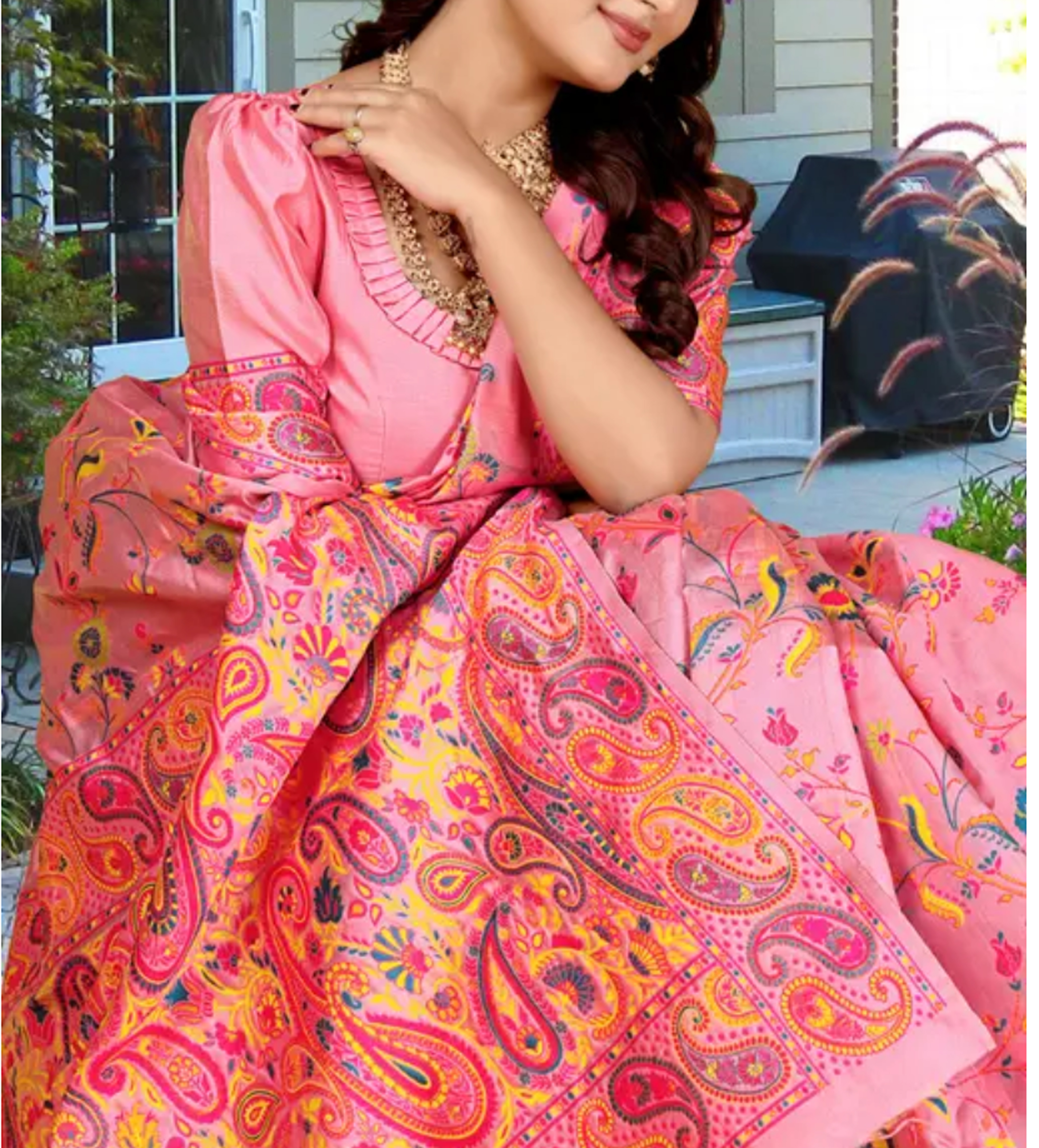  Kashmiri Pashmina Silk Pink Saree with Traditional Meenakari Work 