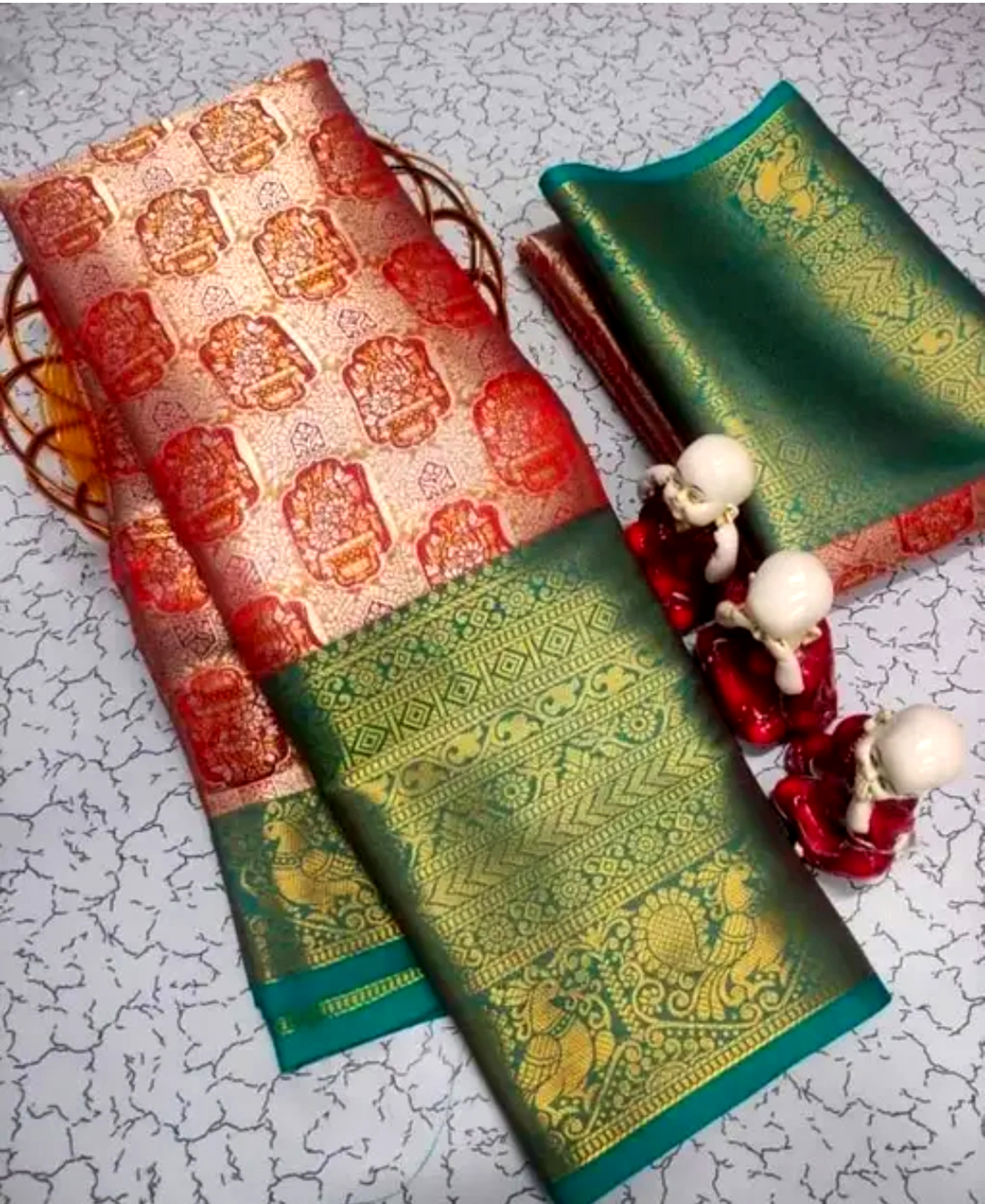 Red Green Kanjivaram Bridal Silk Saree With Zari Rich Pallu Unstitched Blouse 