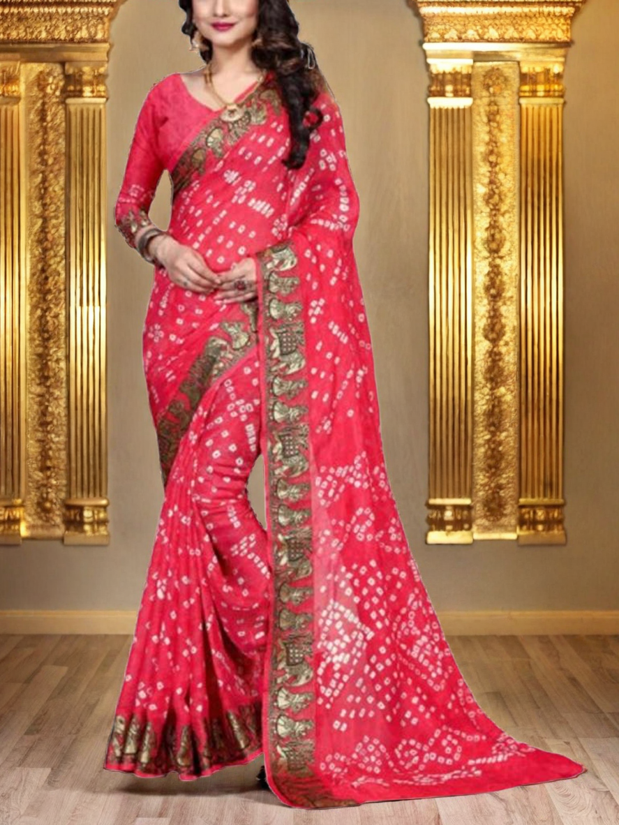 Women`s Bandhani Bandhej 2025 Silk Sarees Dance Design Zari Weaving Work With Blouse Piece - Orange Green