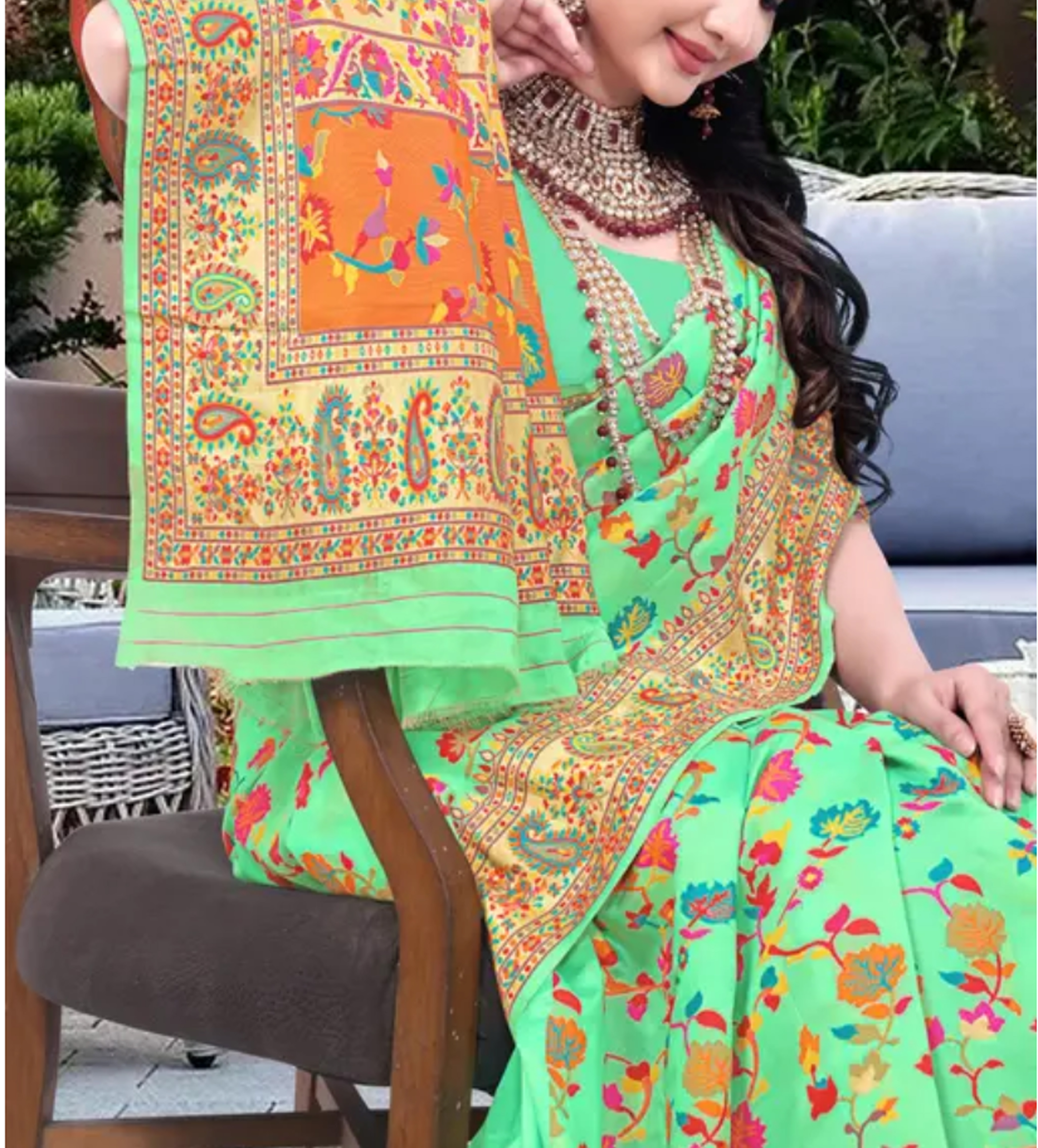  Kashmiri Pashmina Silk Green Saree with Traditional Meenakari Work 