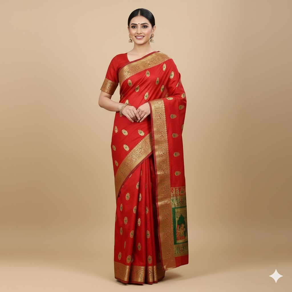 Women`s Pure Baluchari Saree Handwoven With Minakari Work Traditional Design - Red Green