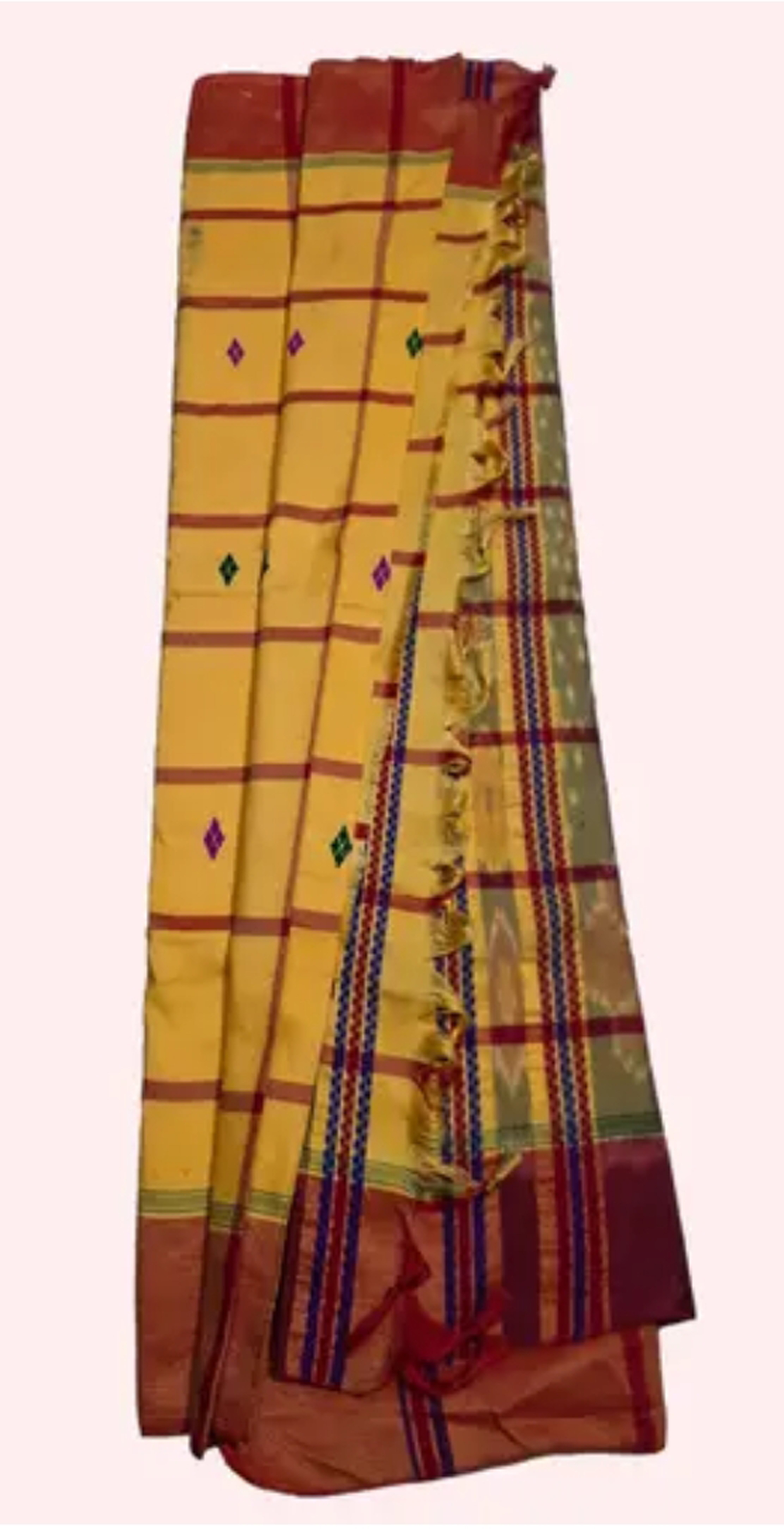 Adibasi Tribal Santali Cotton Saree Panchi Lumang Embroidered Gold Red