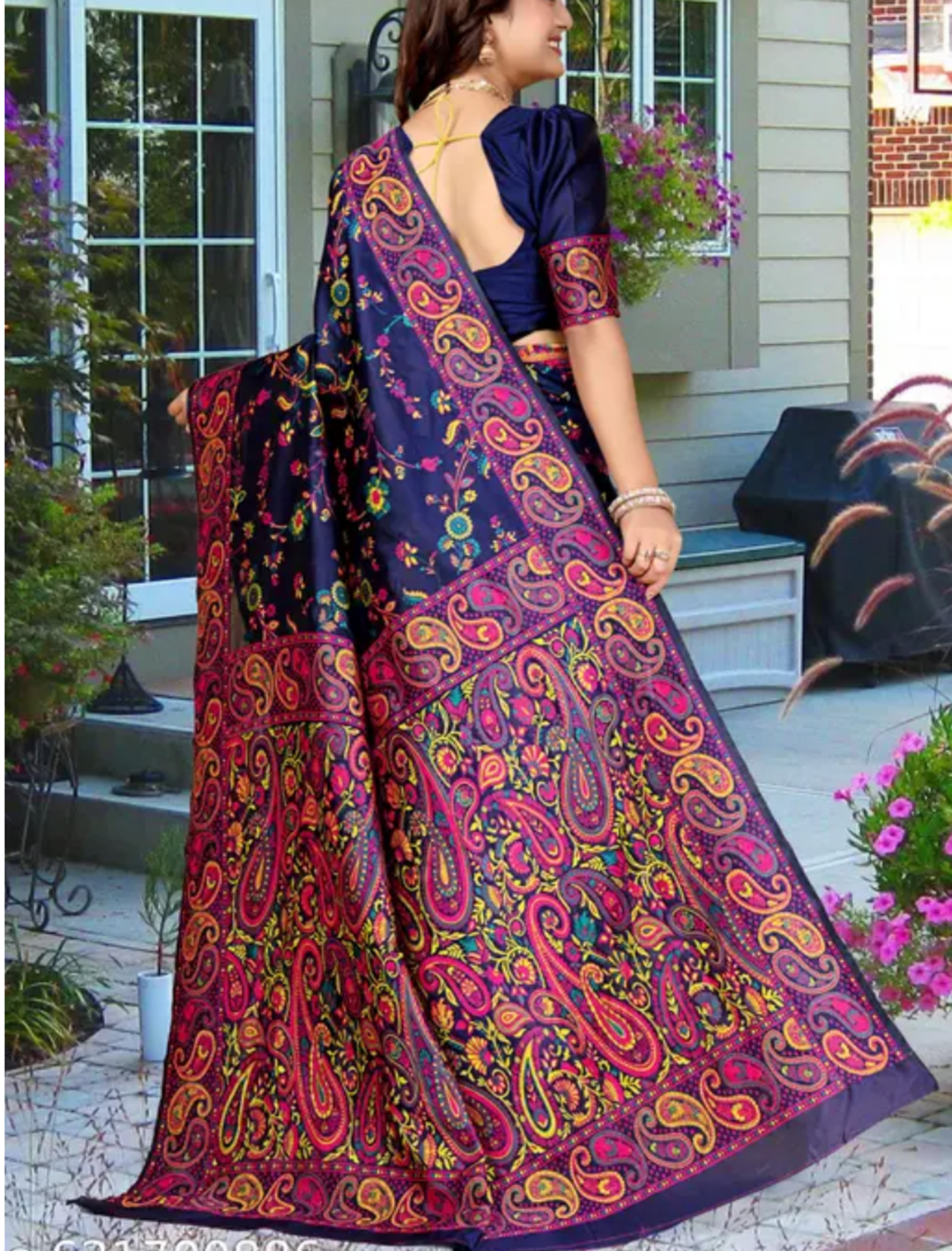 Kashmiri Pashmina Silk Dark Blue Saree with Traditional Meenakari Work 