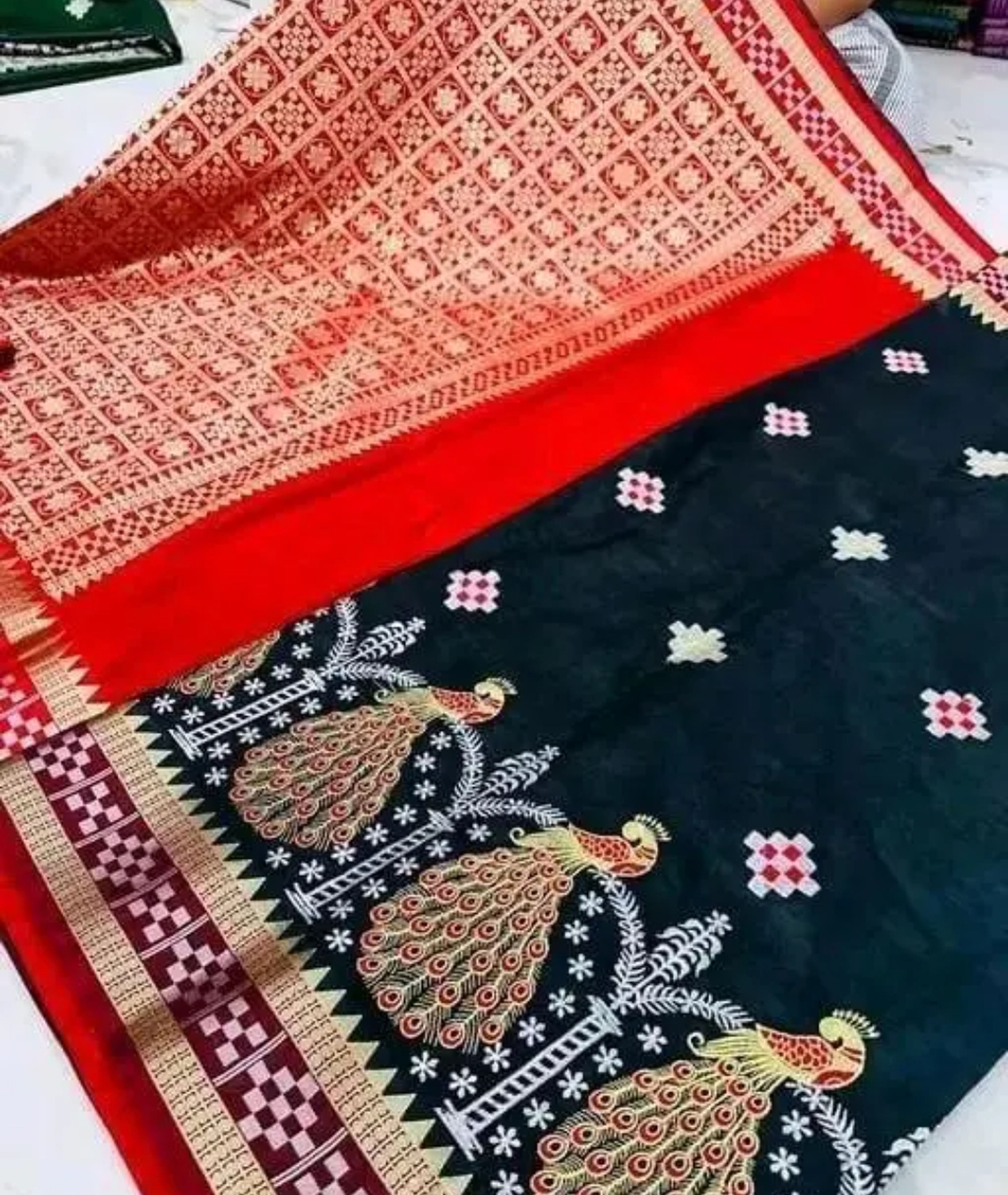 Sambalpuri Embroidery Satin Silk Saree Peacock Design with Blouse Piece 