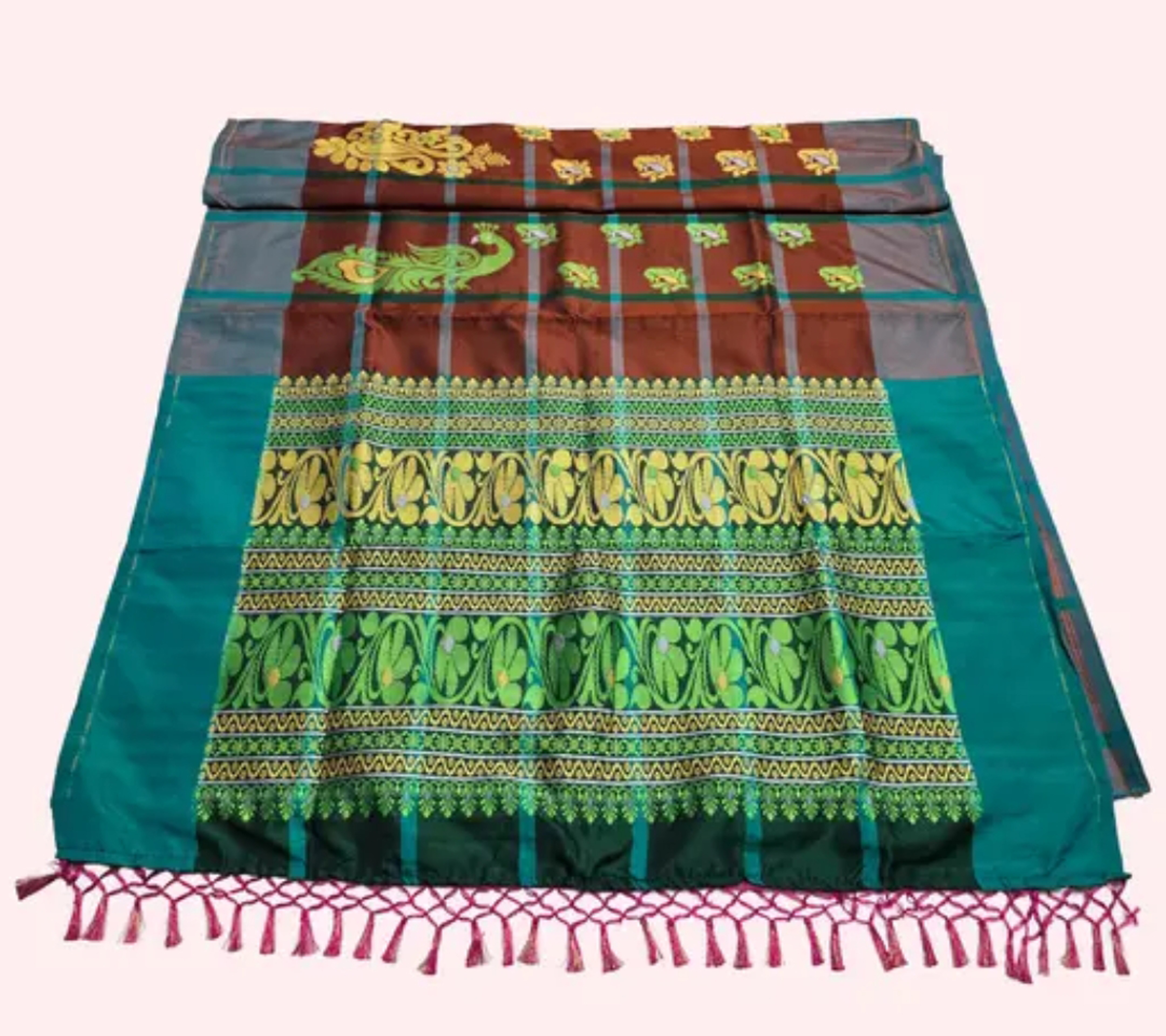 Adibasi Tribal Santali Saree Panchi Lumang Embroidered Brown Green