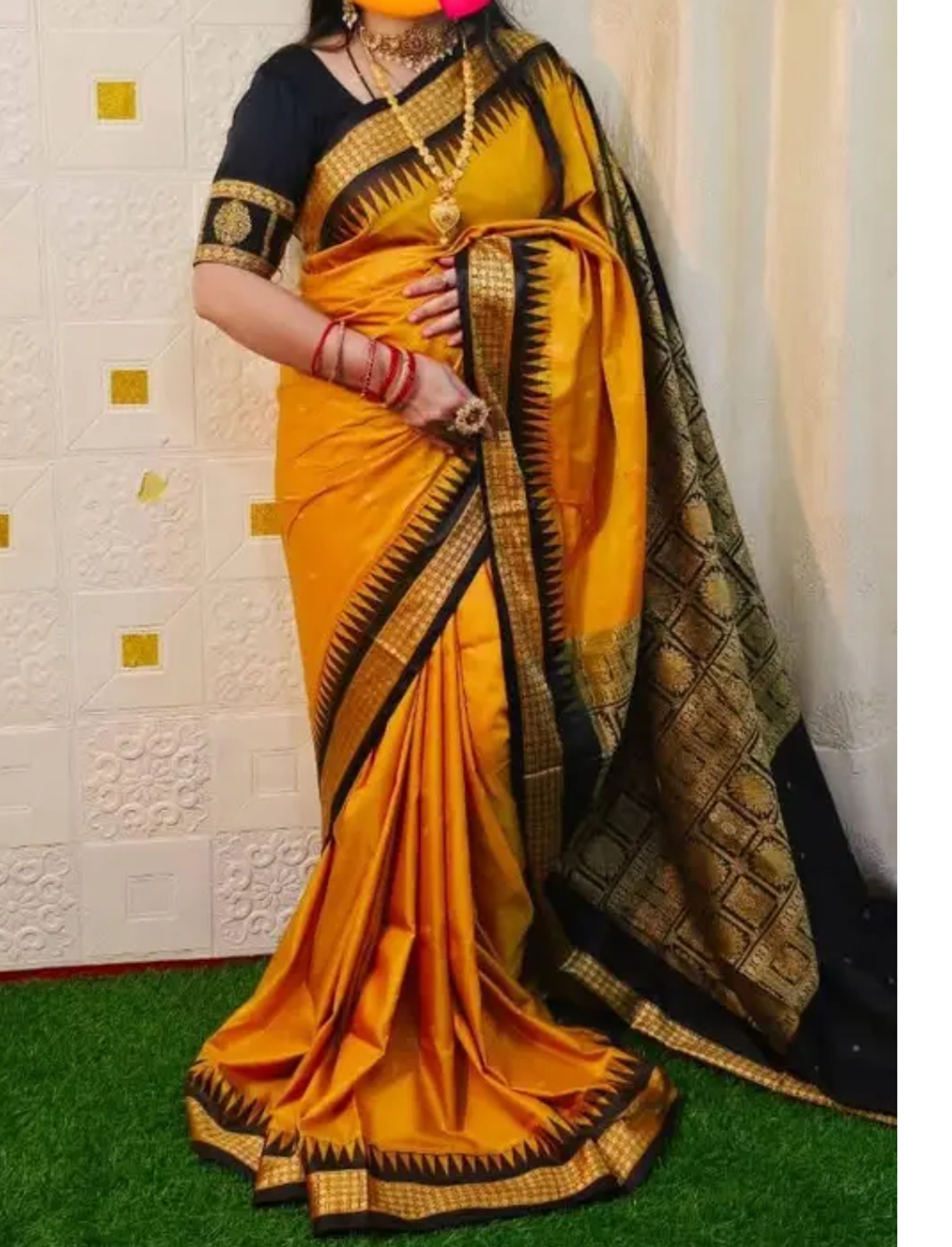 Sambalpuri Mustard Black Embroidery Silk Saree Pasapalli Traditional Design With Blouse Piece