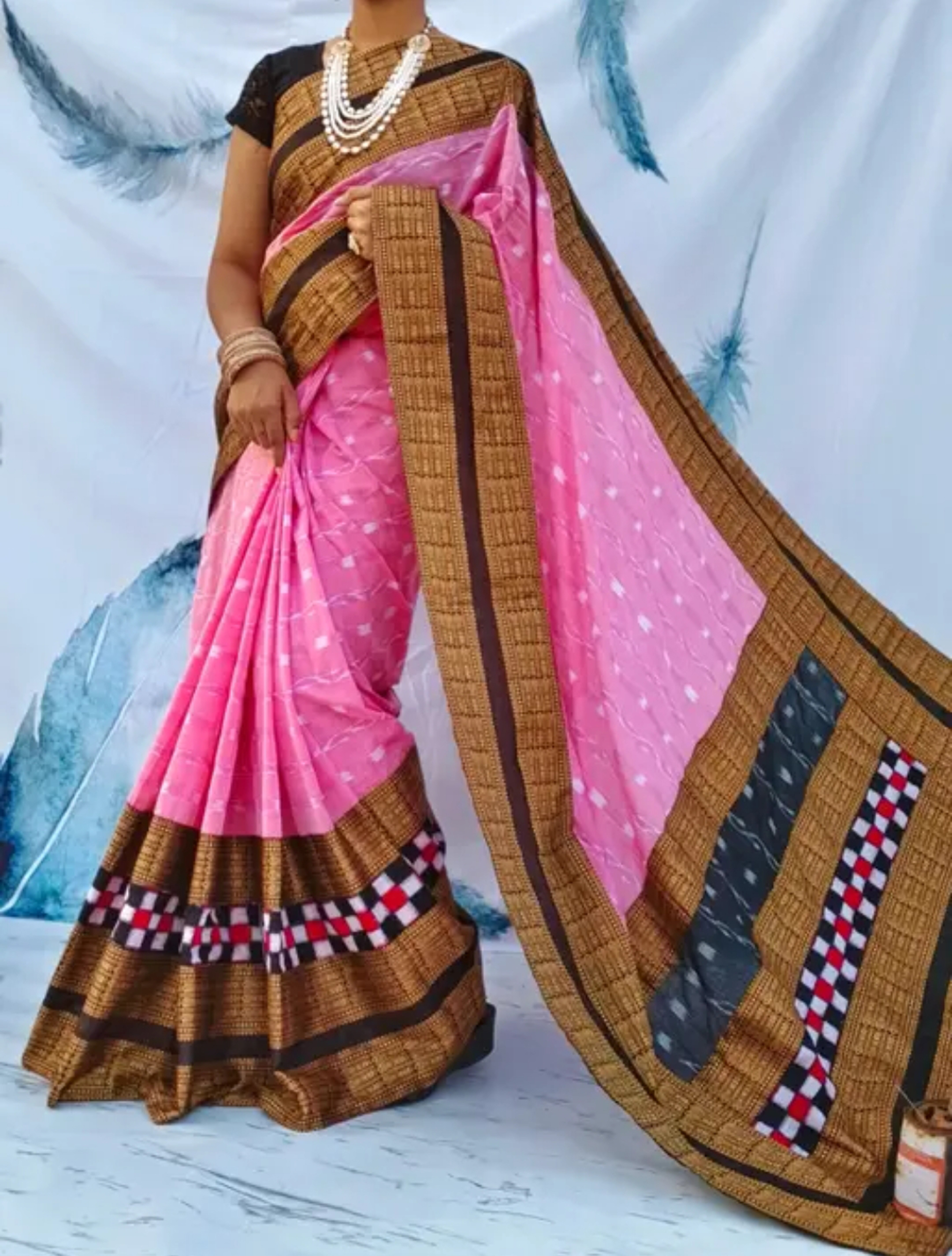 Sambalpuri Pink Brown Embroidery Silk Saree Pasapalli Traditional Design With Blouse Piece 