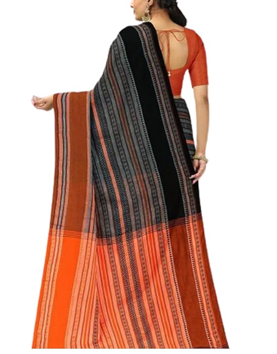 Women’s Dhaniakhali Khadi Pure Cotton Tant Saree Allover Work (Orange Black)