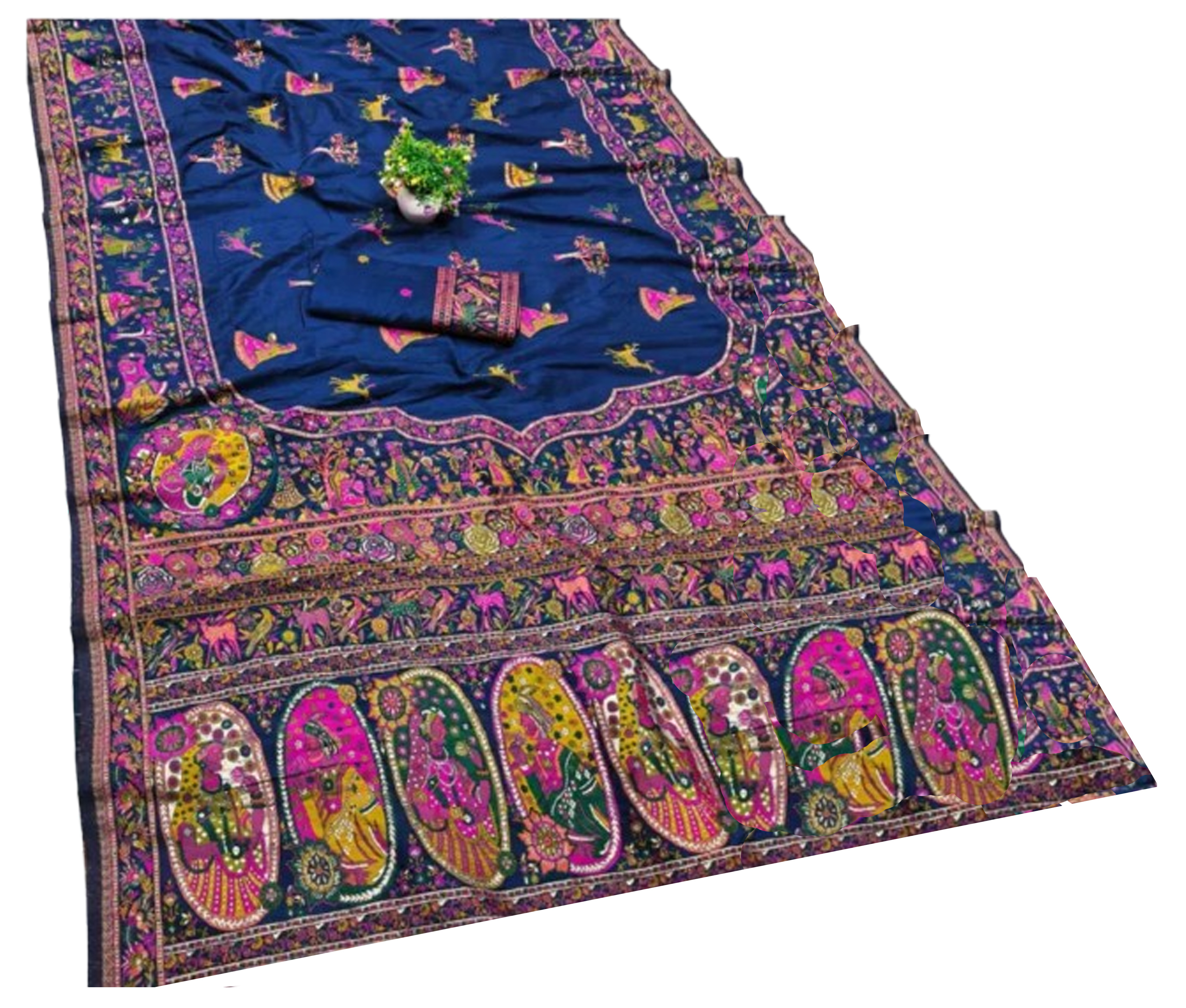  Kashmiri Pashmina Silk Blue Saree with Traditional Mughal Design Meenakari Work 