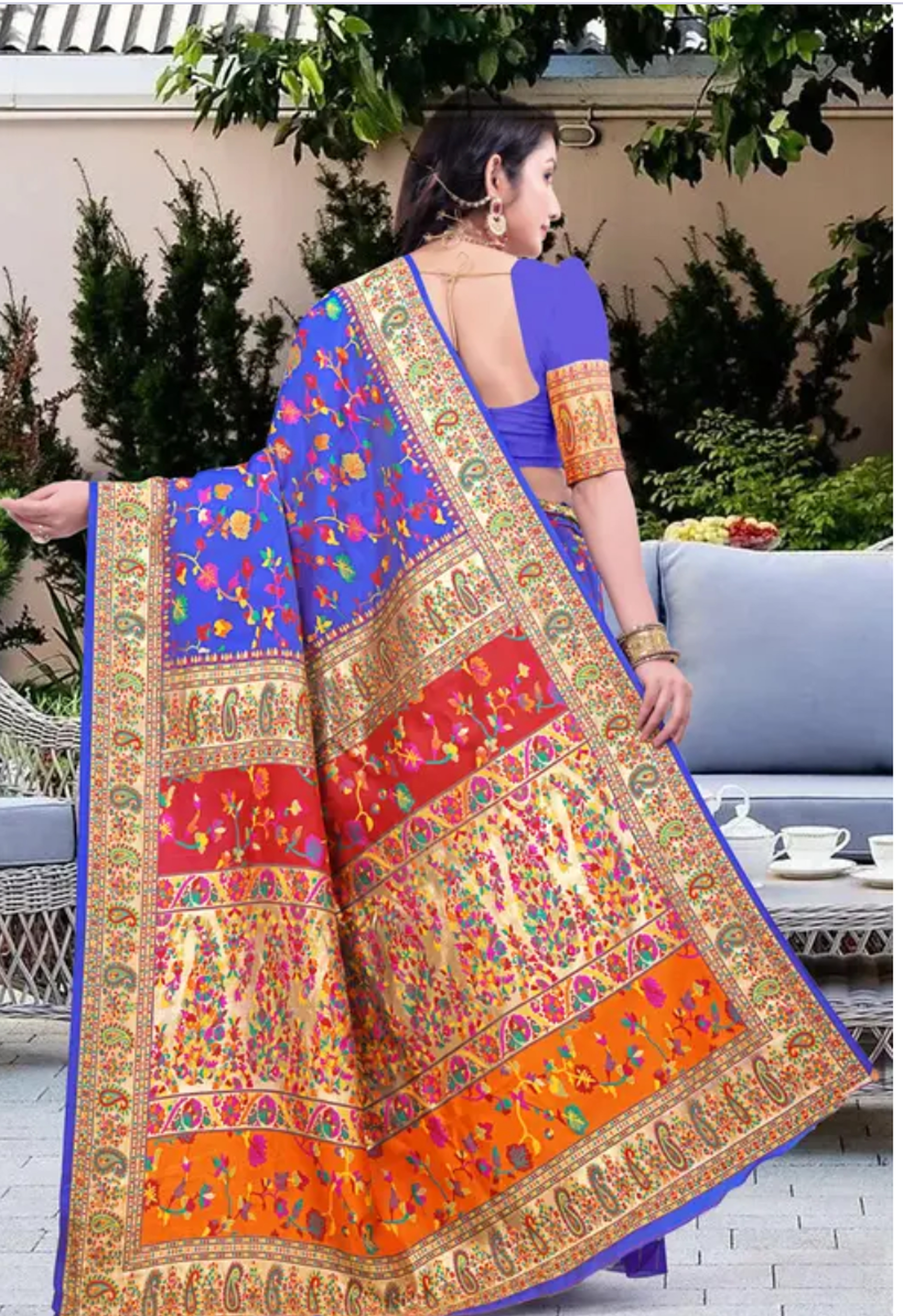  Kashmiri Pashmina Silk Blue Gold Saree with Traditional Meenakari Work 