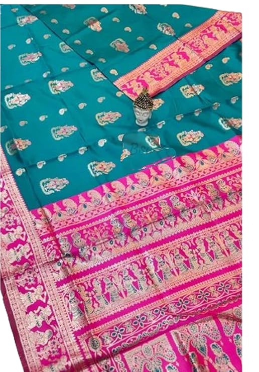 Women`s Pure Baluchari Saree Handwoven Traditional Design - Parrot Green