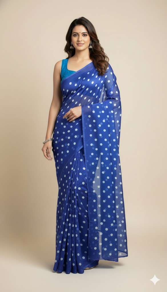 Women`s Polka Soft Georgette Embellished With BP - Blue Dot