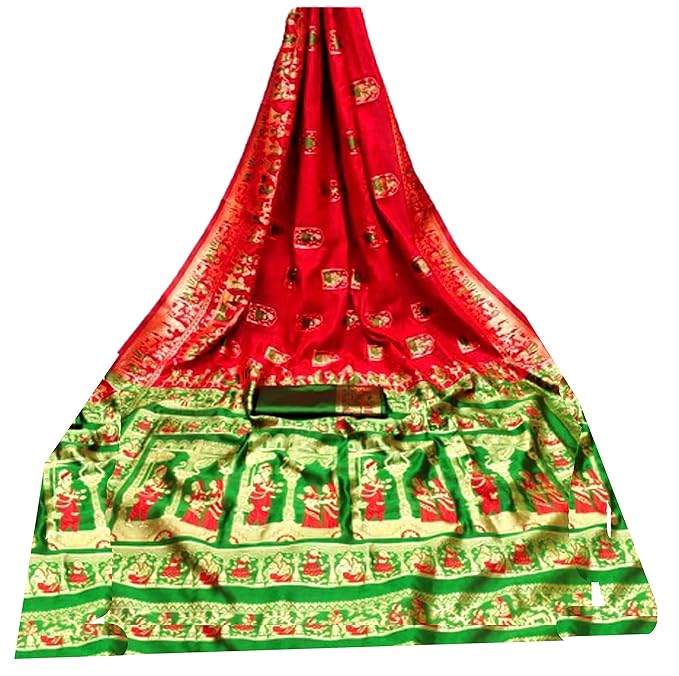 Women`s Pure Baluchari Saree Handwoven With Minakari Work Traditional Design - Red Green