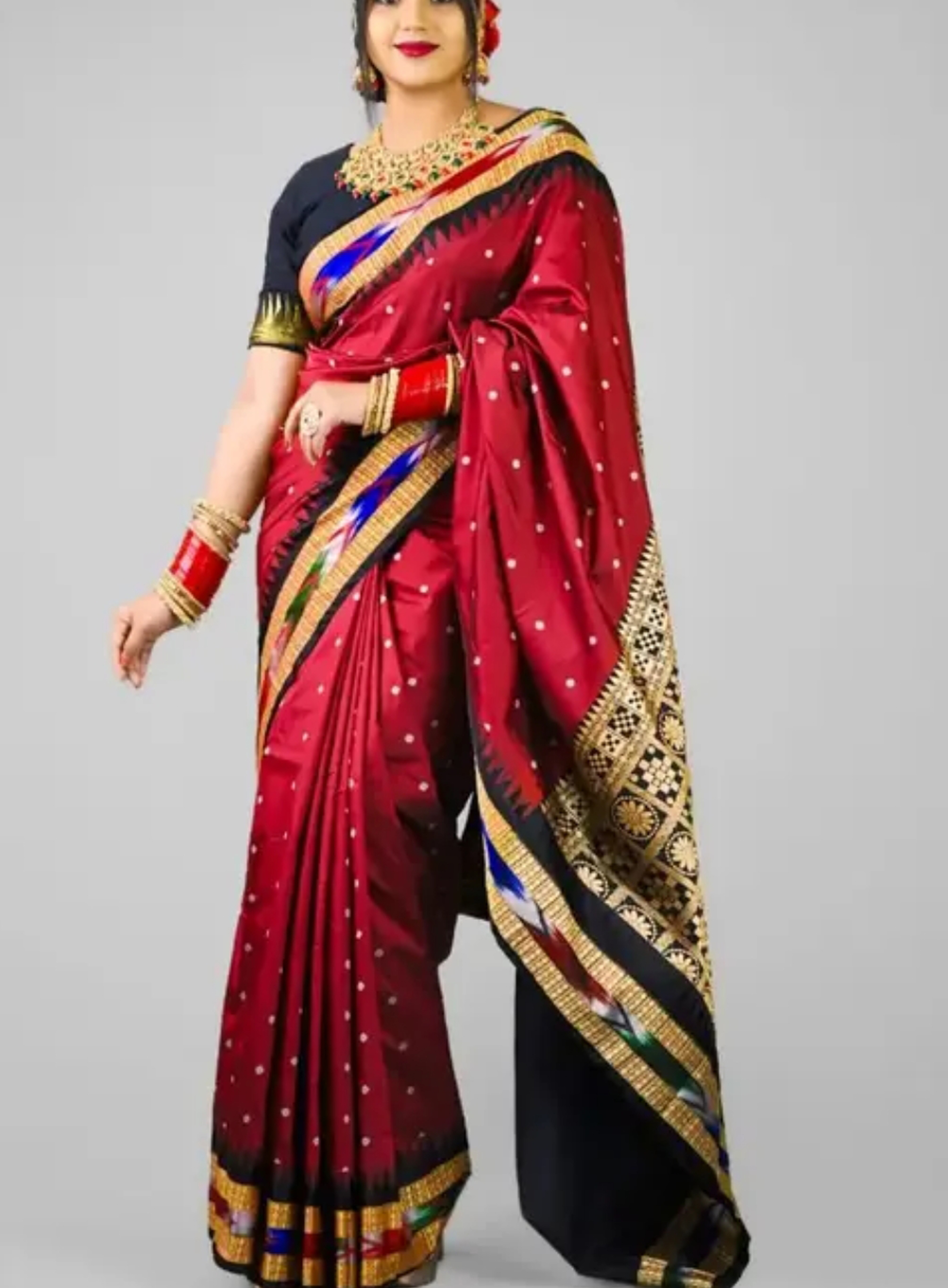Sambalpuri Red Black  Embroidery Silk Saree Pasapalli Traditional Design With Blouse Piece 