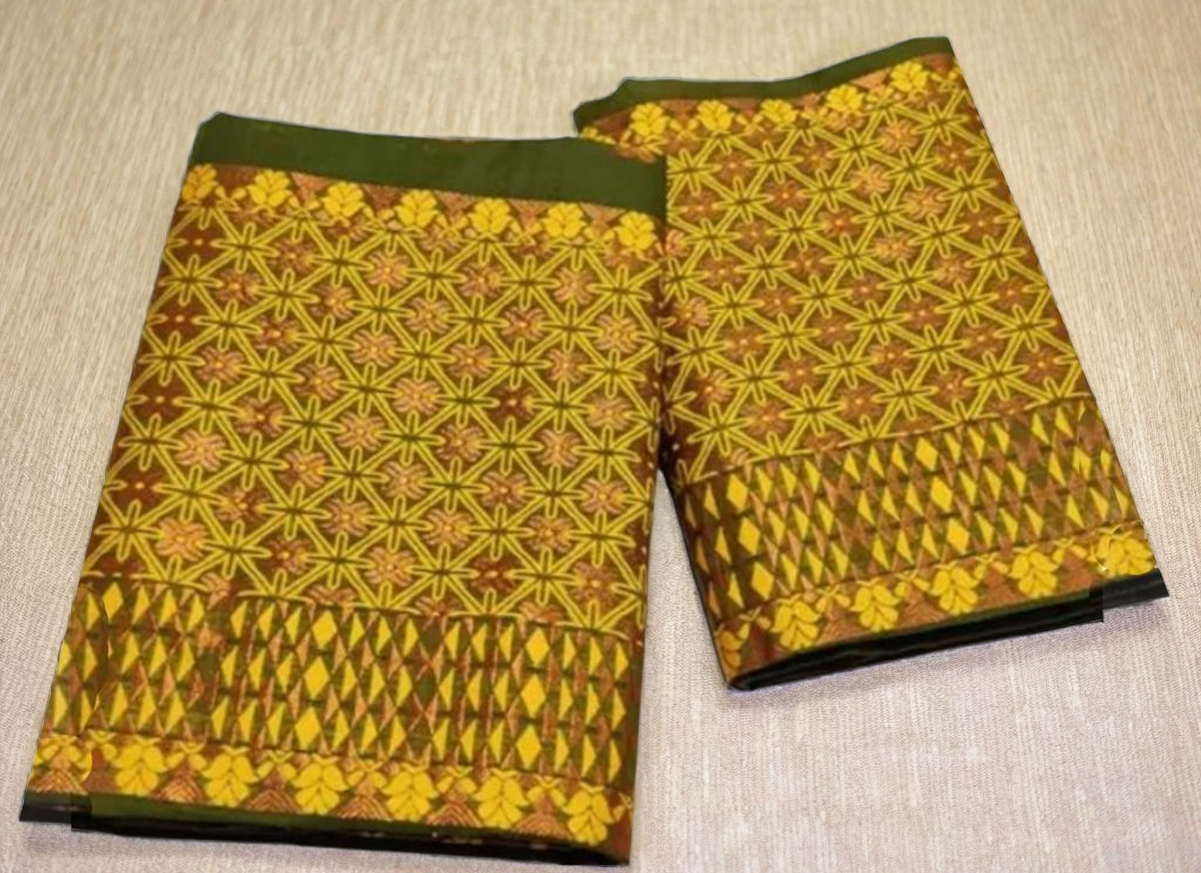 Women`s Assamese Mekhela Cotton Sador Jura Santal Panchi Parhar Pure Fabric Soft Traditional Design- Green Gold Buti