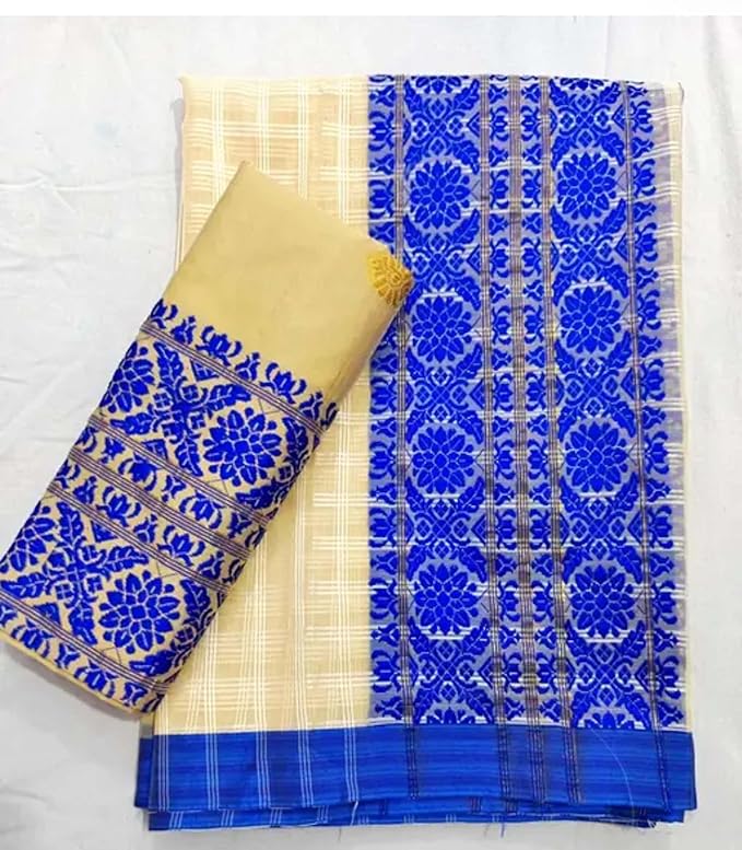 Women`s Assamese Mekhela Sador Santal Panchi Lungi Parhar Fabric of Soft Silk Traditional Design- Cream Blue