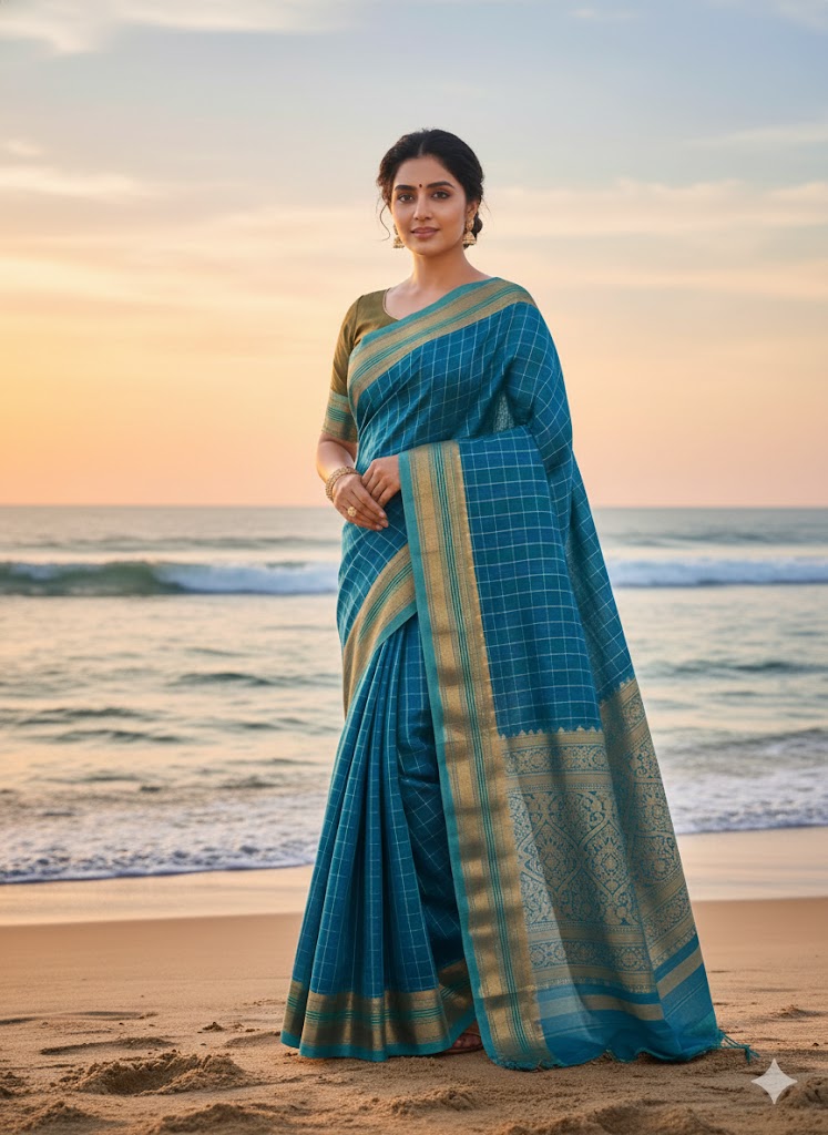 Pure Kunbi Goa Saree Handwoven Traditional Design With BP -Blue