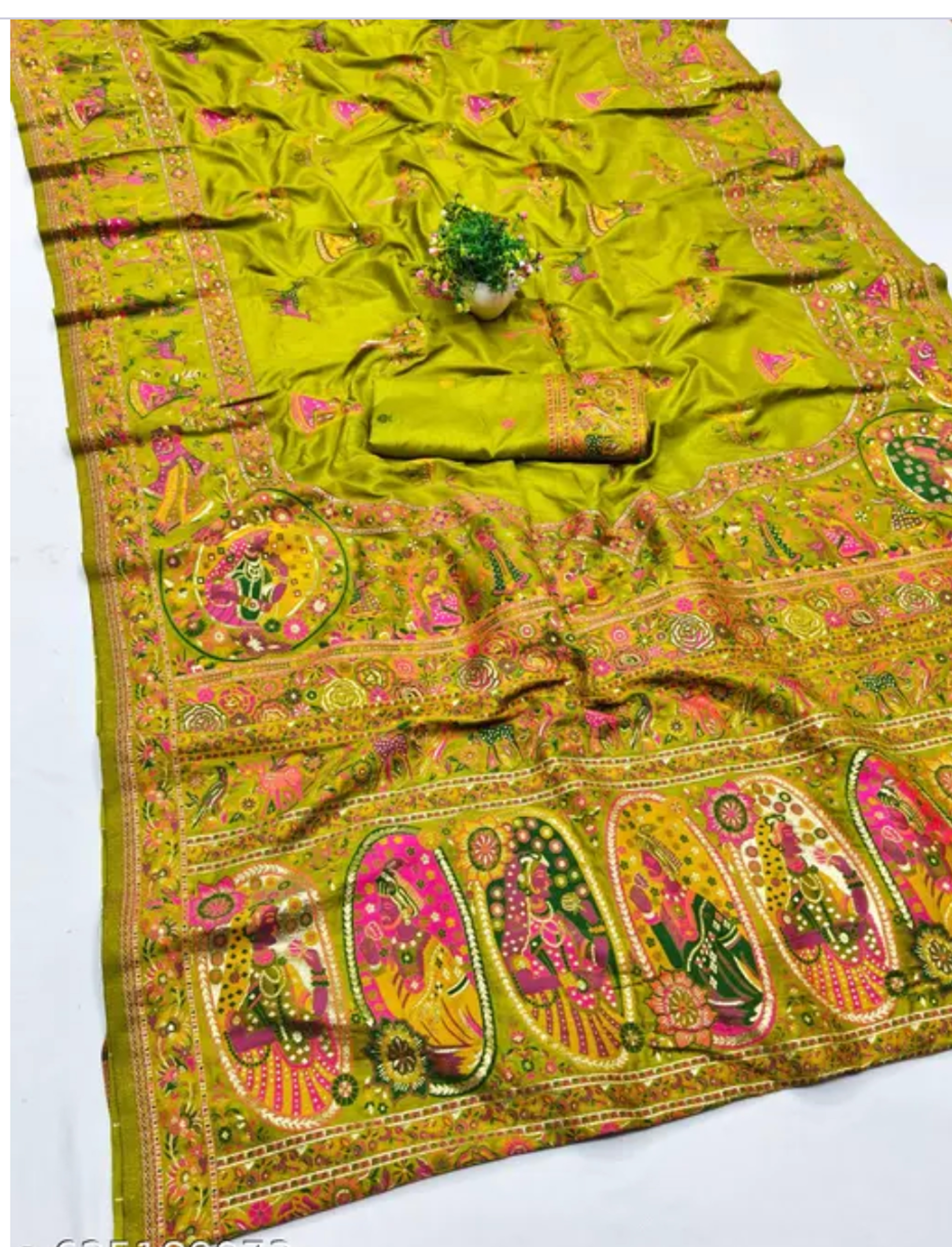  Kashmiri Pashmina Silk Lime Saree with Traditional Mughal Design Meenakari Work 
