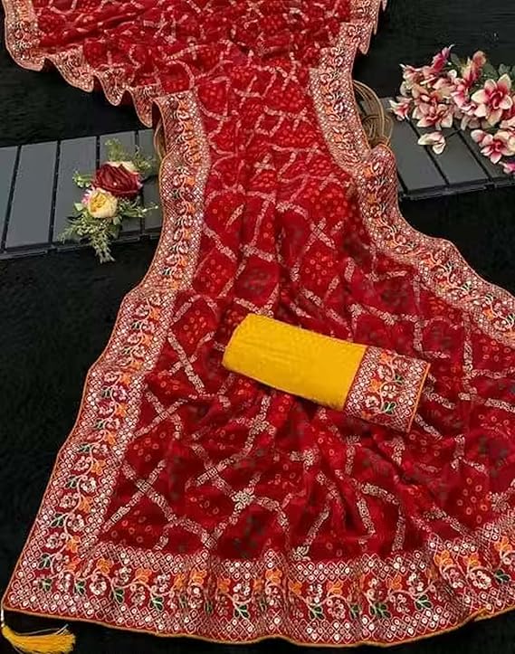 Bandhani Bandhej 2026 Silk Sarees Zari Stripe Contrast Blouse Piece