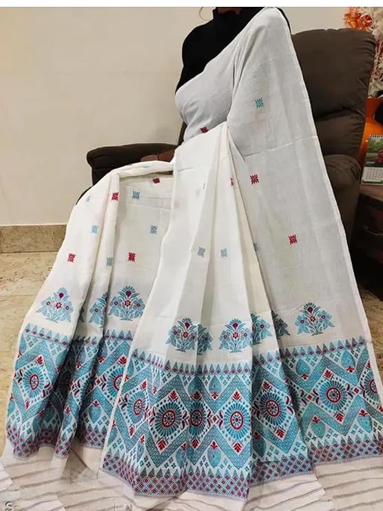 Women Cotton `S Assamese Mekhela Sador Jura Santal Panchi Parhar Pure Fabric Soft Traditional Design Saree - White Blue