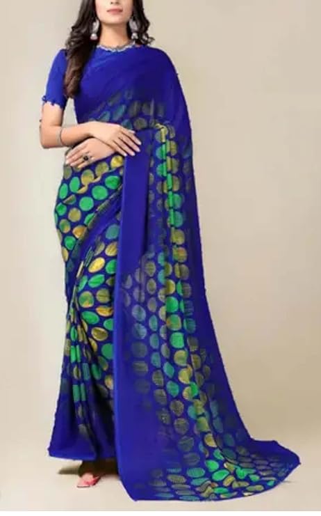 Women`s Polka Soft Heart Shape Georgette Embroidery Work Embellished With BP - Blue Peacock