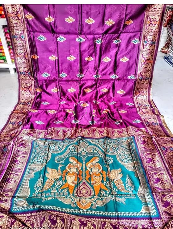 Women`s Pure Baluchari Saree Handwoven Traditional Design With BP - Purple