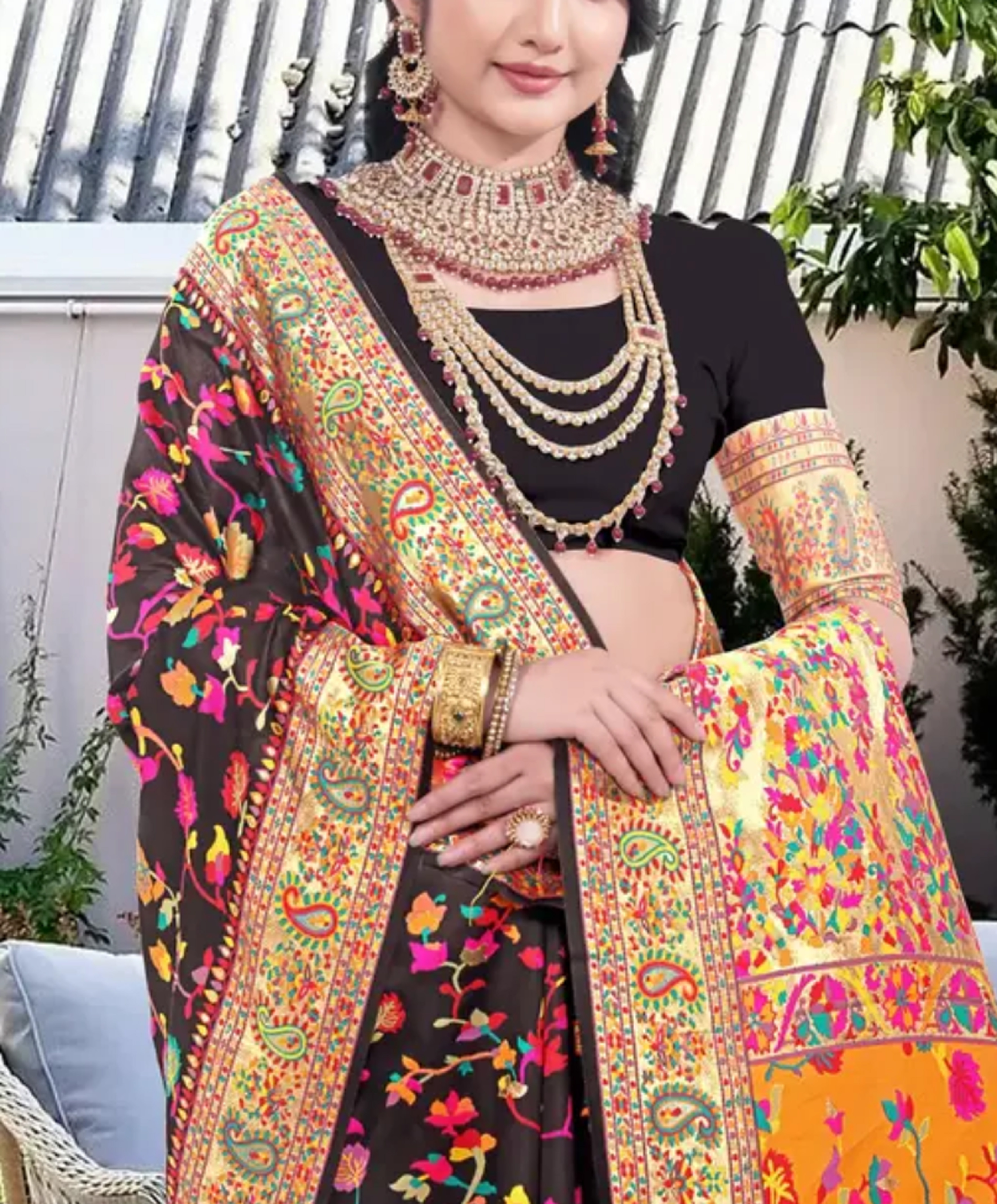 Kashmiri Pashmina Silk Sarees With Jalar on Pallu - Black Orange