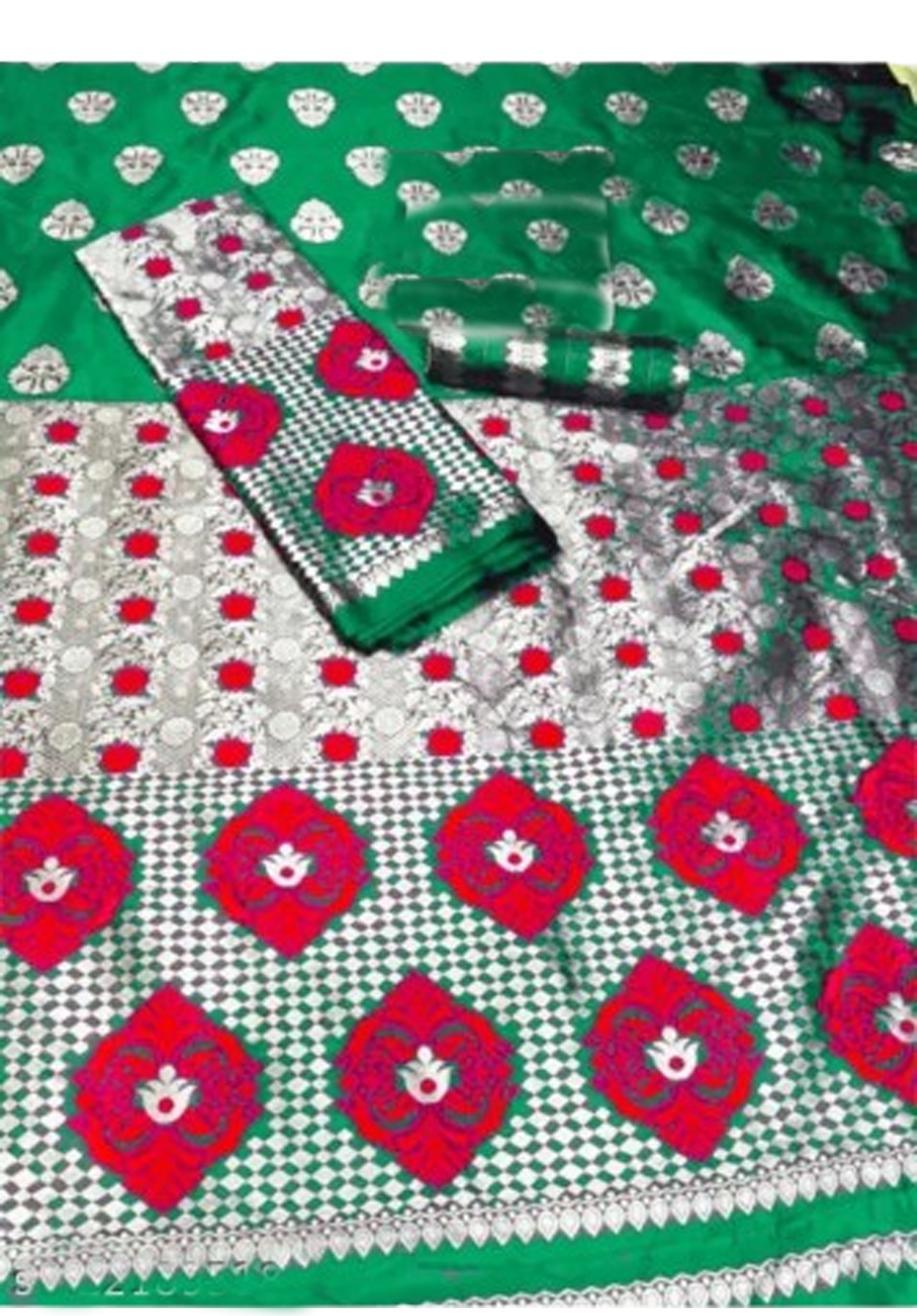 Assamese Mekhela Green  Sador Jura Santal Panchi Parhar Pure Fabric