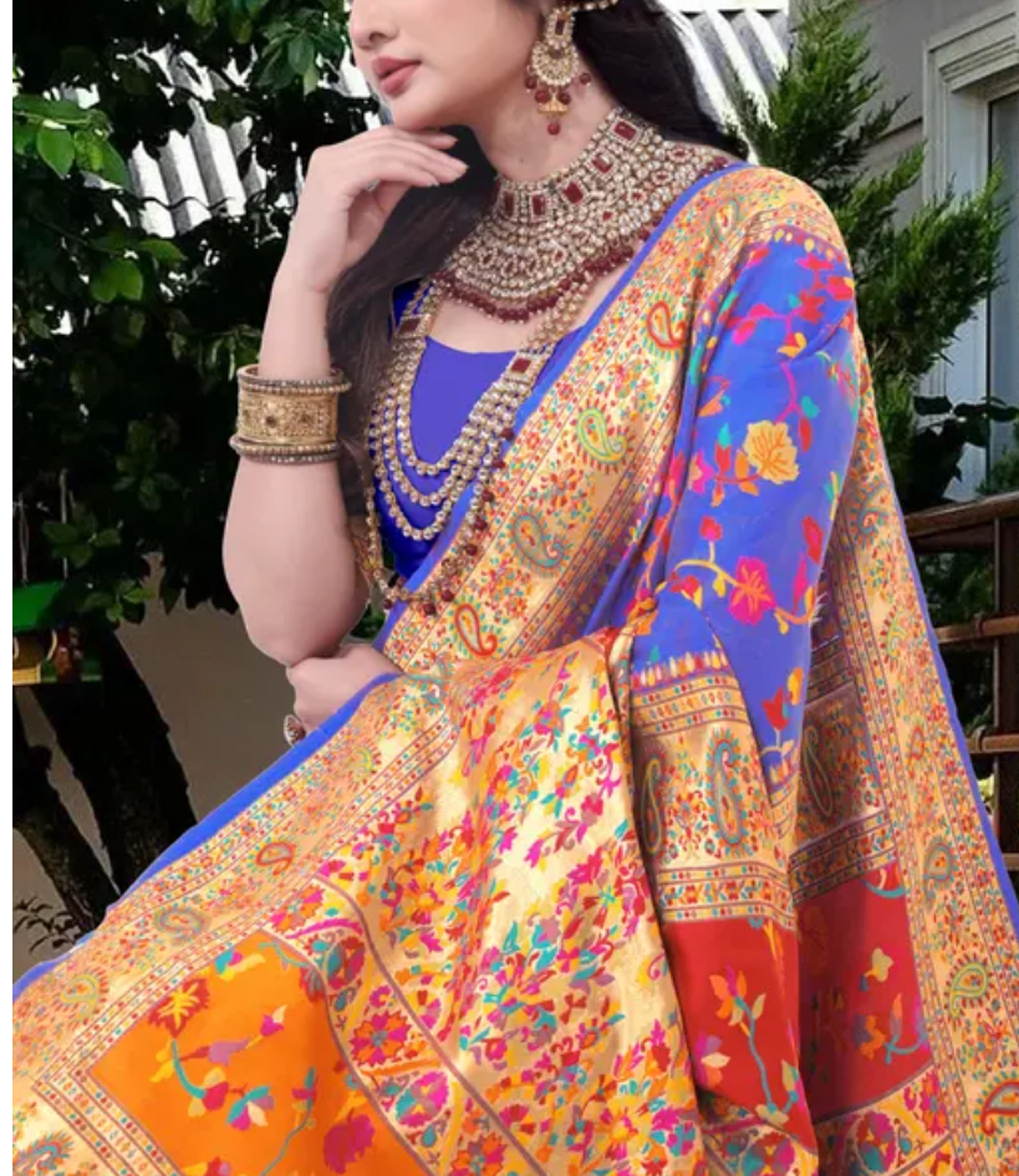  Kashmiri Pashmina Silk Blue Gold Saree with Traditional Meenakari Work 