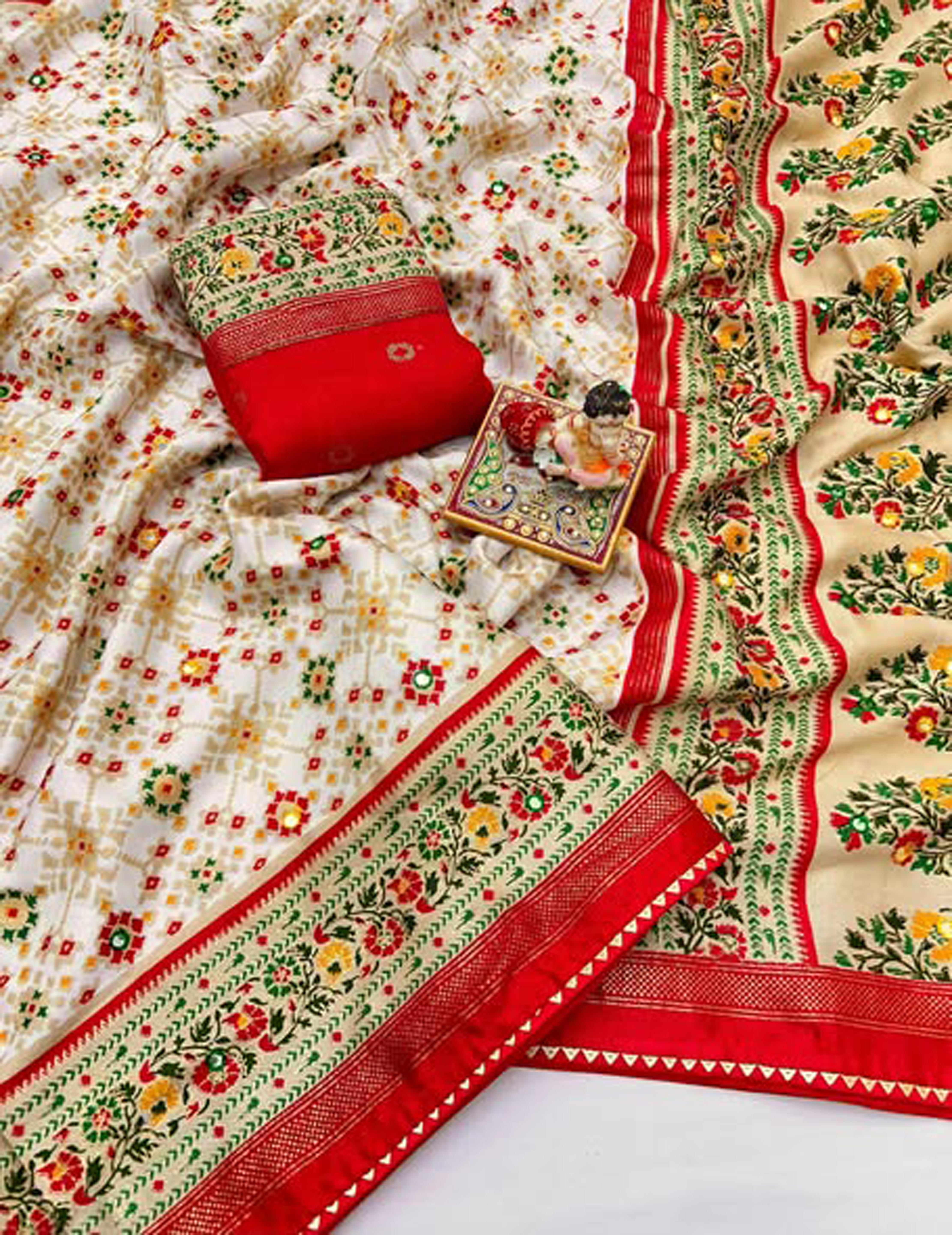  Kashmiri Pashmina Silk Cream Red Saree with Traditional Patola Borader 